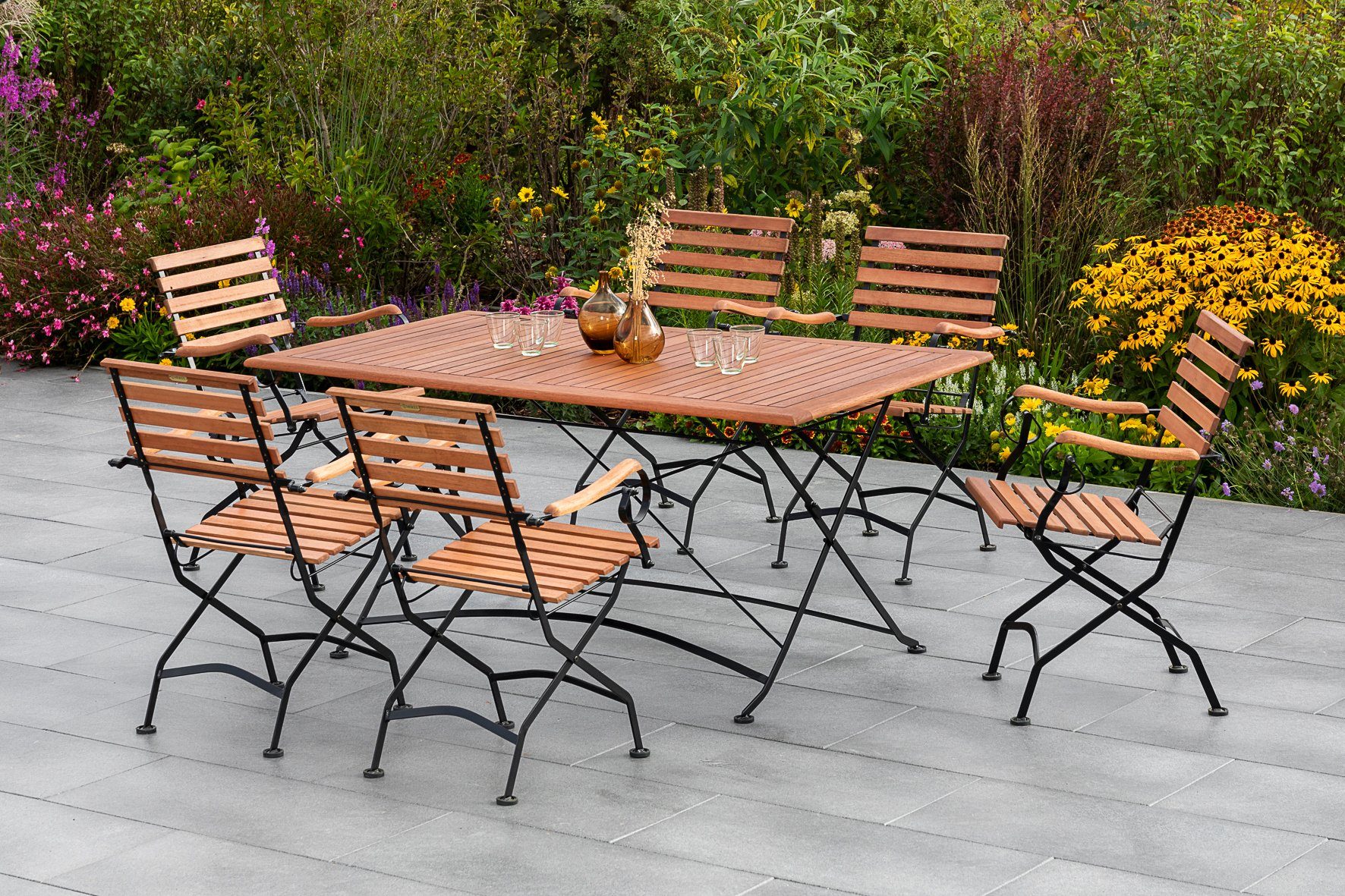 MERXX Tuin-eethoek Kasteeltuin 6 klapstoelen met klaptafel (7-delig) tuinsets grijs