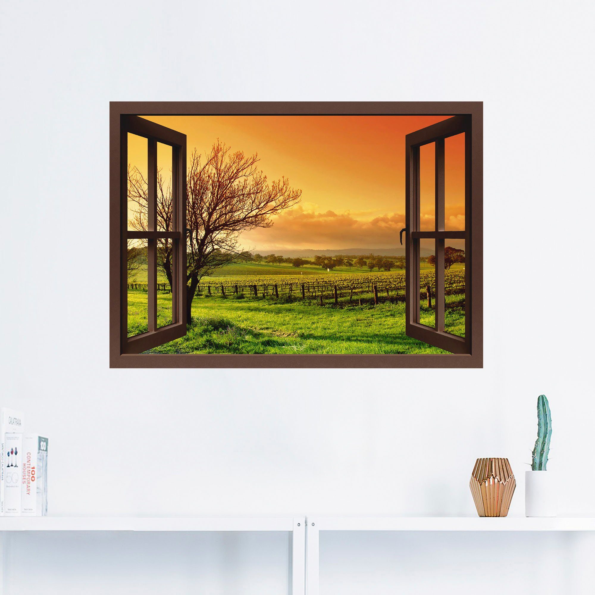 Artland Artprint Blik uit het venster - landschap met wijnbergen als artprint op linnen, muursticker in verschillende maten