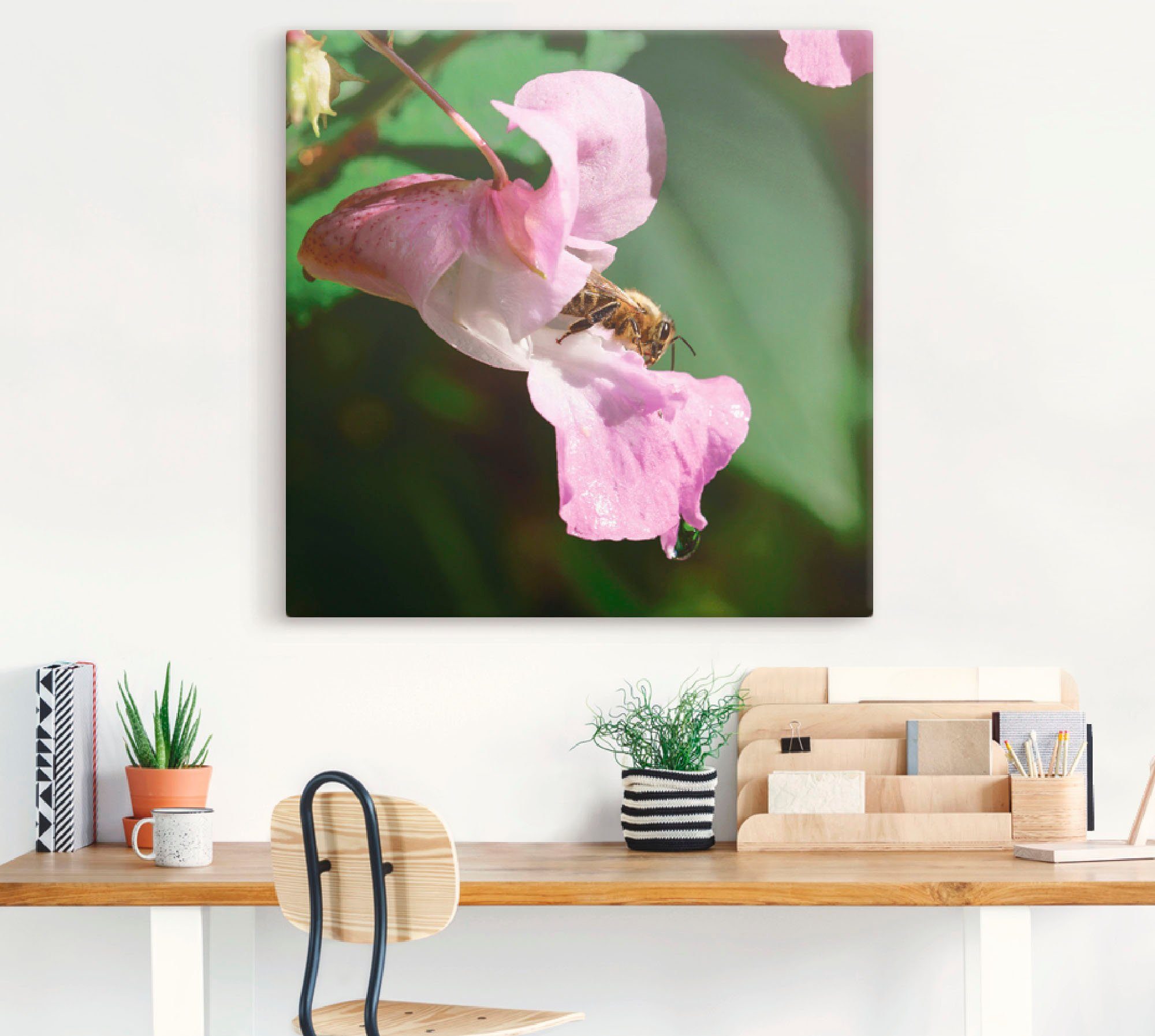 Artland Artprint Een bij bezoekt een grote bloem als artprint van aluminium, artprint op linnen, muursticker of poster in verschillende maten