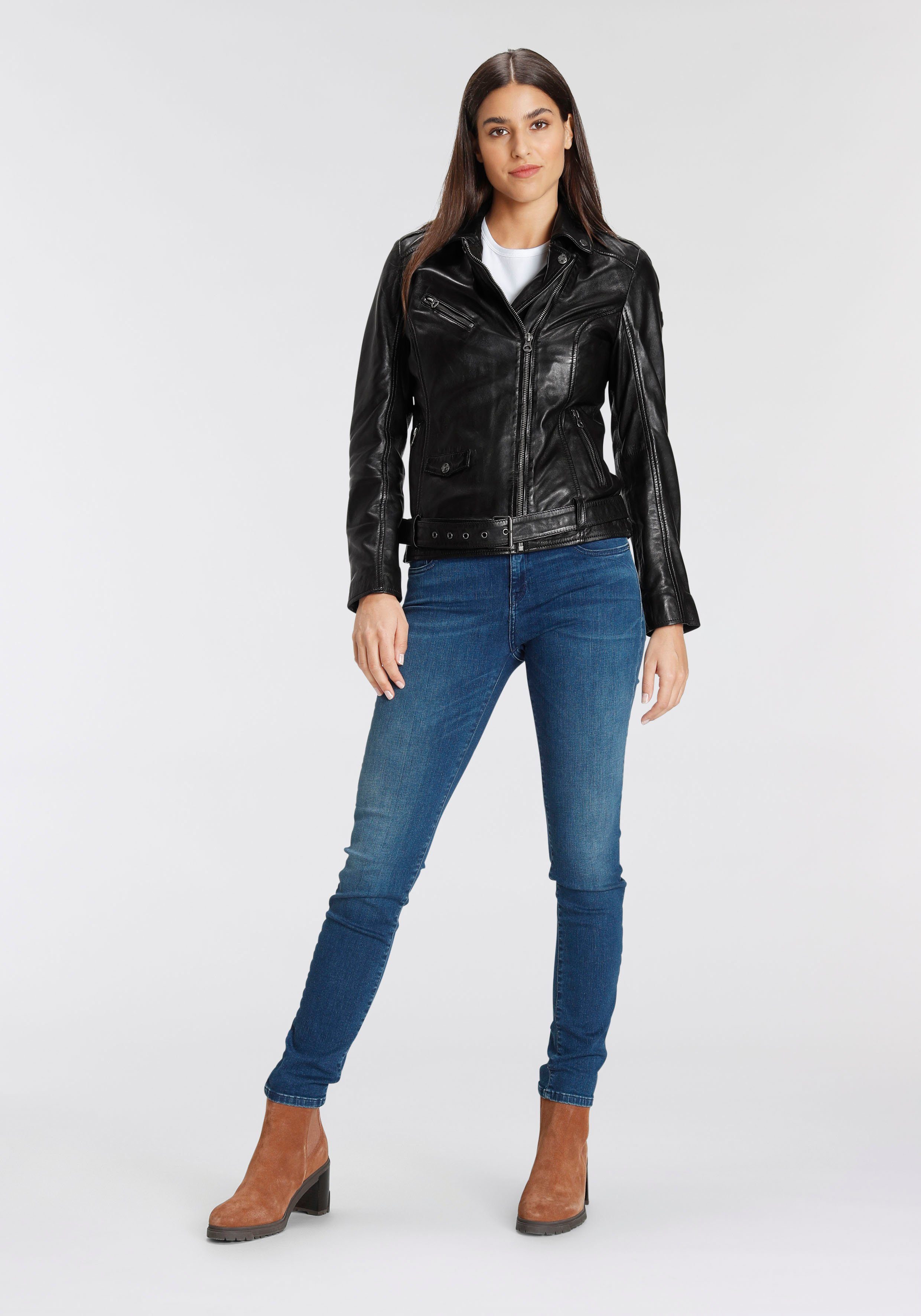 Mauritius Leren jack Aubree casual bikerjack met riem
