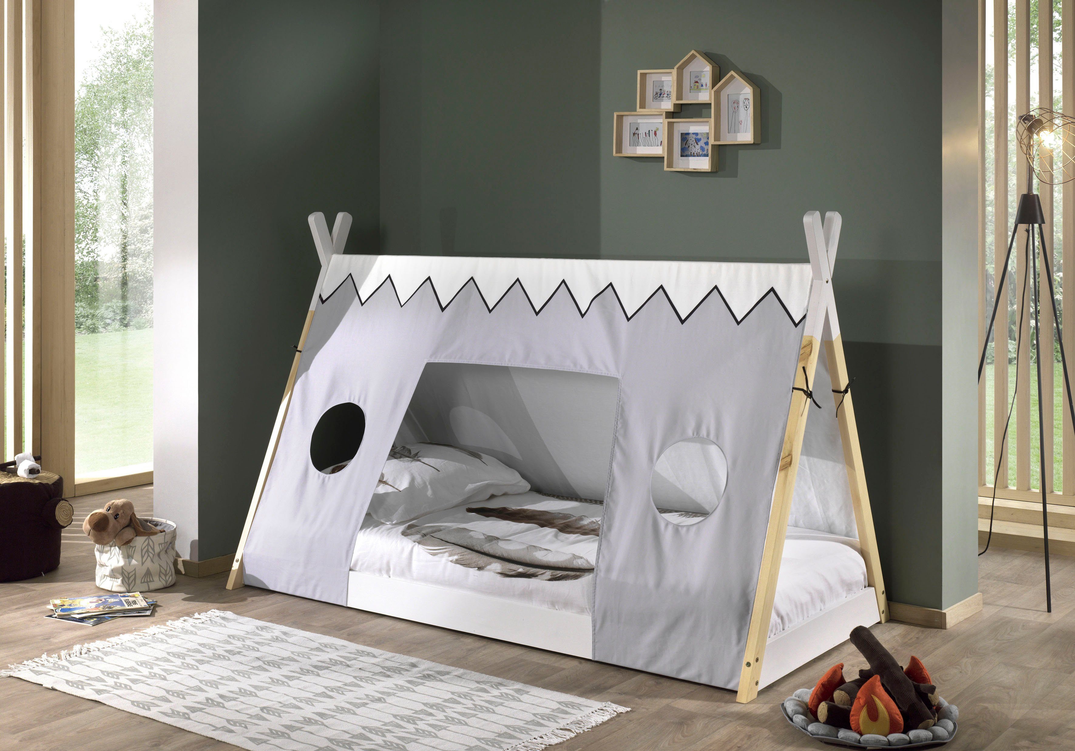 Vipack Kinderledikant Tipi met lattenrol en tentdak eenpersoonsbedden beige