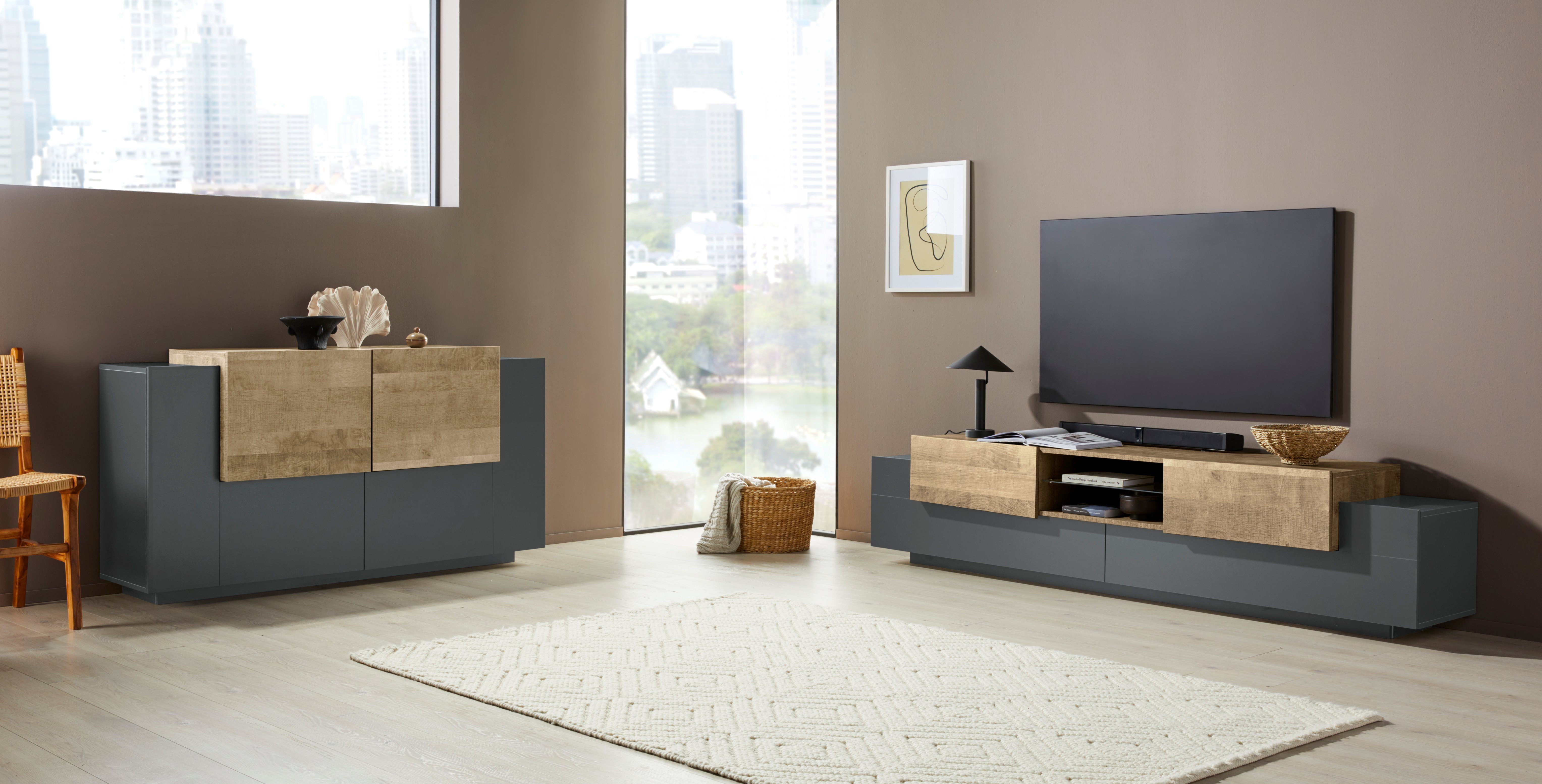 INOSIGN Tv-meubel Coro, lowboard, TV-commode, TV-meubelen, TV-bank met 2 kleppen, 2 deuren, 1 glazen plank, breedte 220