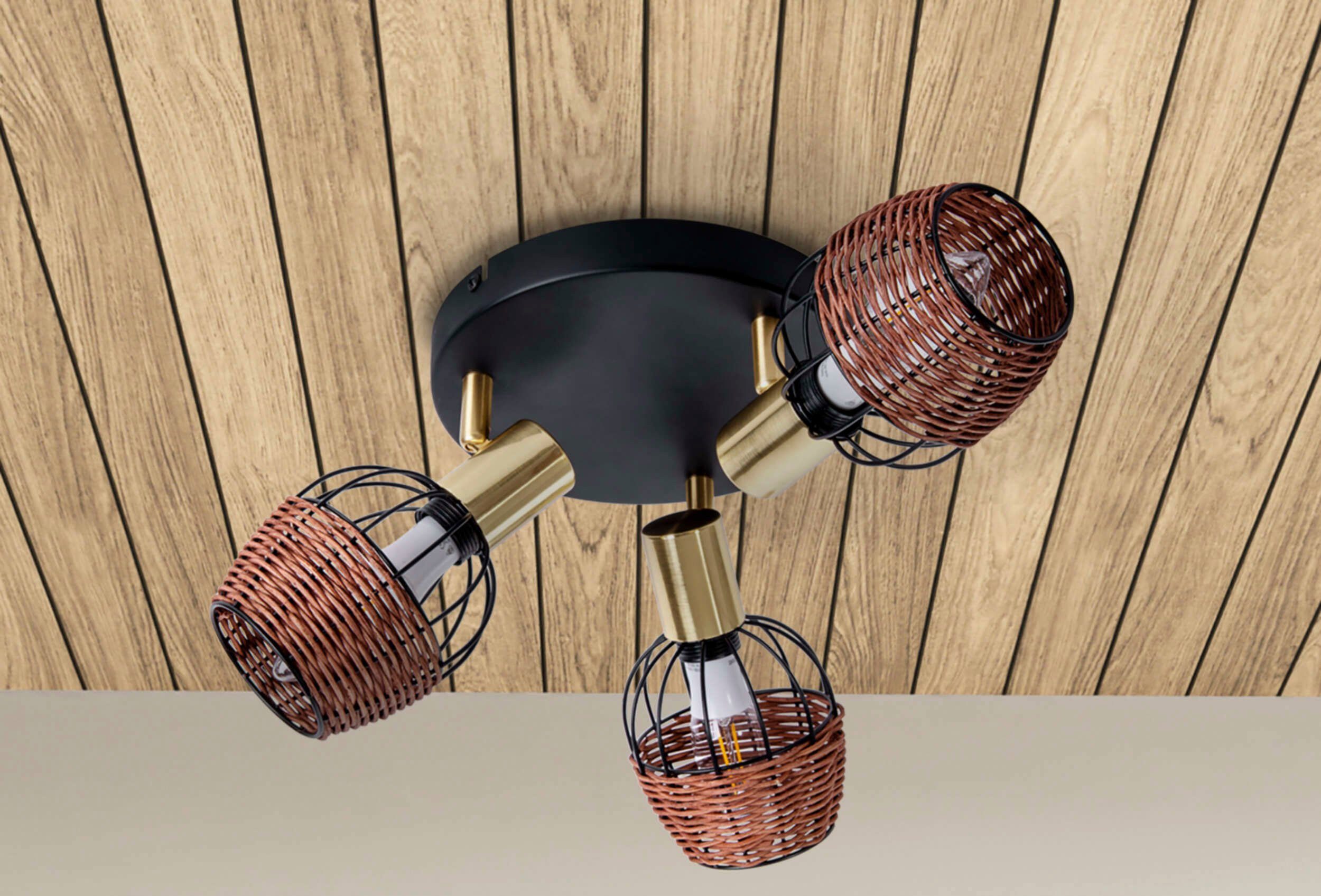 näve Plafondspotje Corbis 3 spots excl. e14 max. 40w zwart/natuur/goud d: 38 cm met rattan (1 stuk)