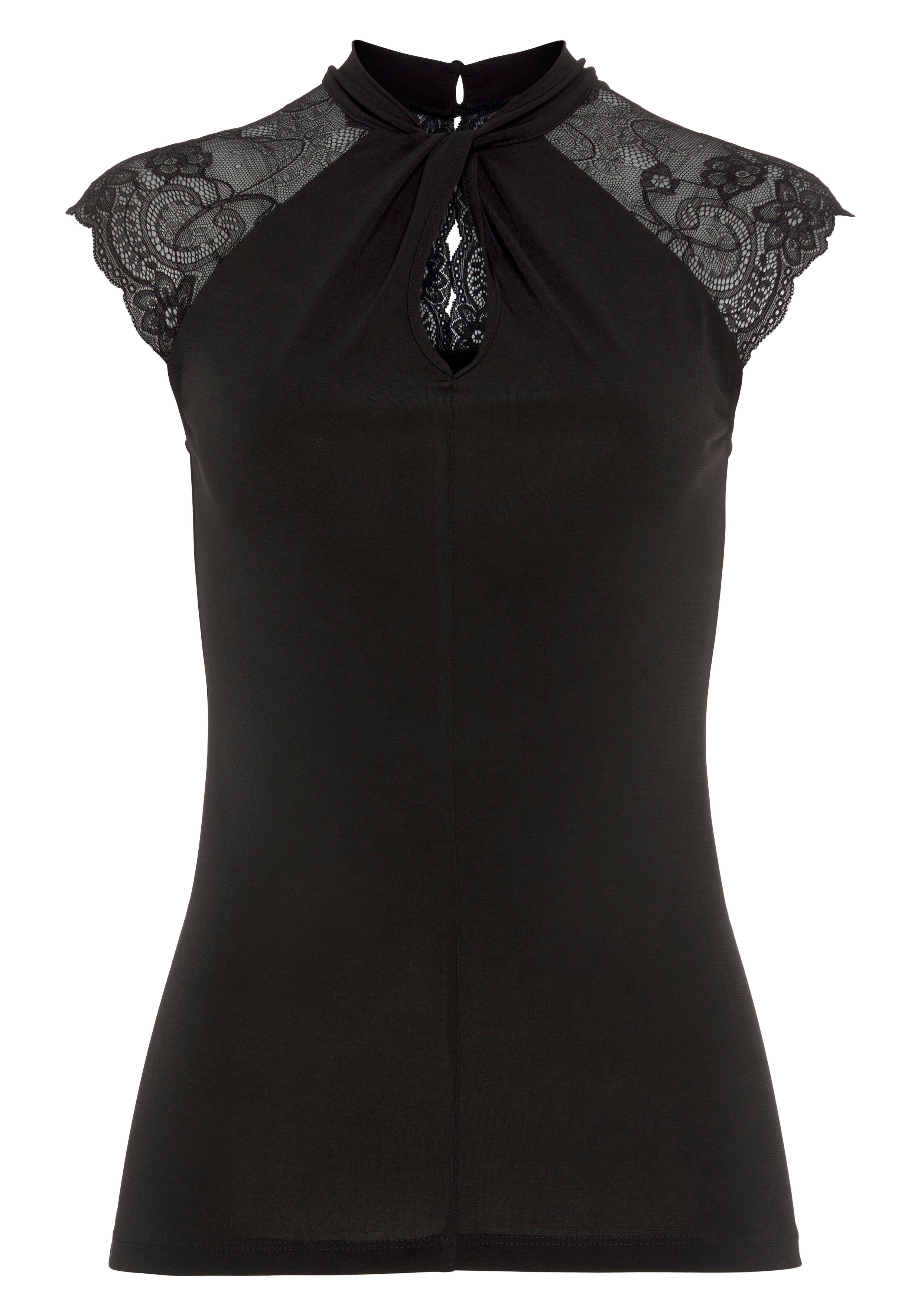 Melrose Kanten shirt korte mouwen, zeer figuurvolgend, effen, staande kraag