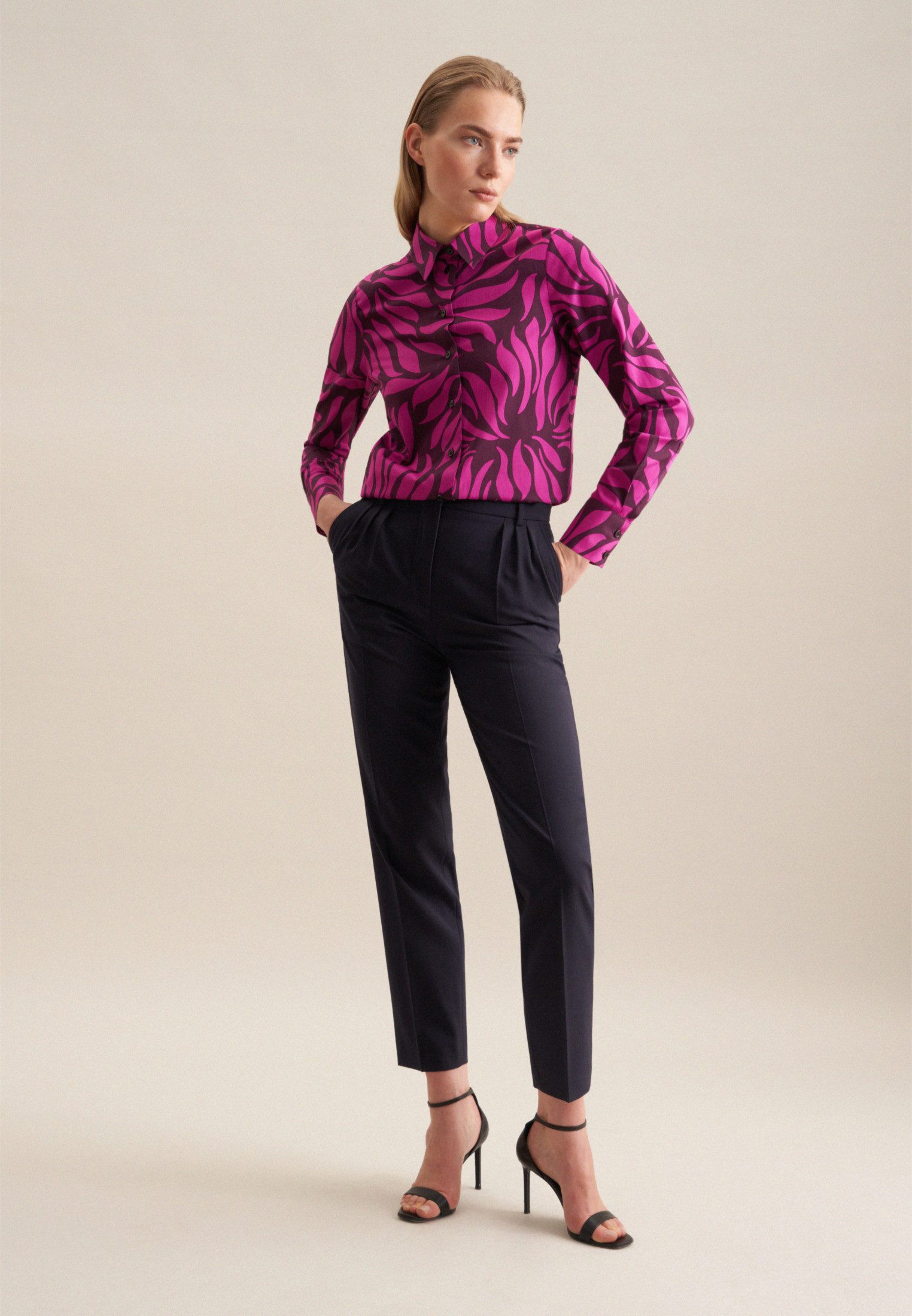 seidensticker Overhemdblouse Zwarte roos Lange mouwen kraag print
