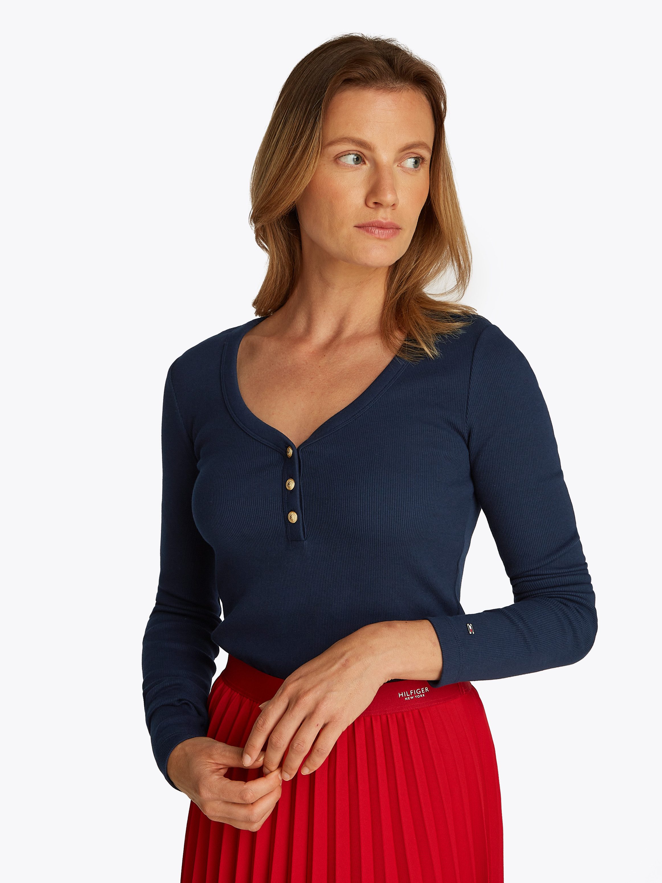 Tommy Hilfiger Shirt met lange mouwen SLIM HENLEY GB SCOOP-NK LS met ribstructuur, met metalen label