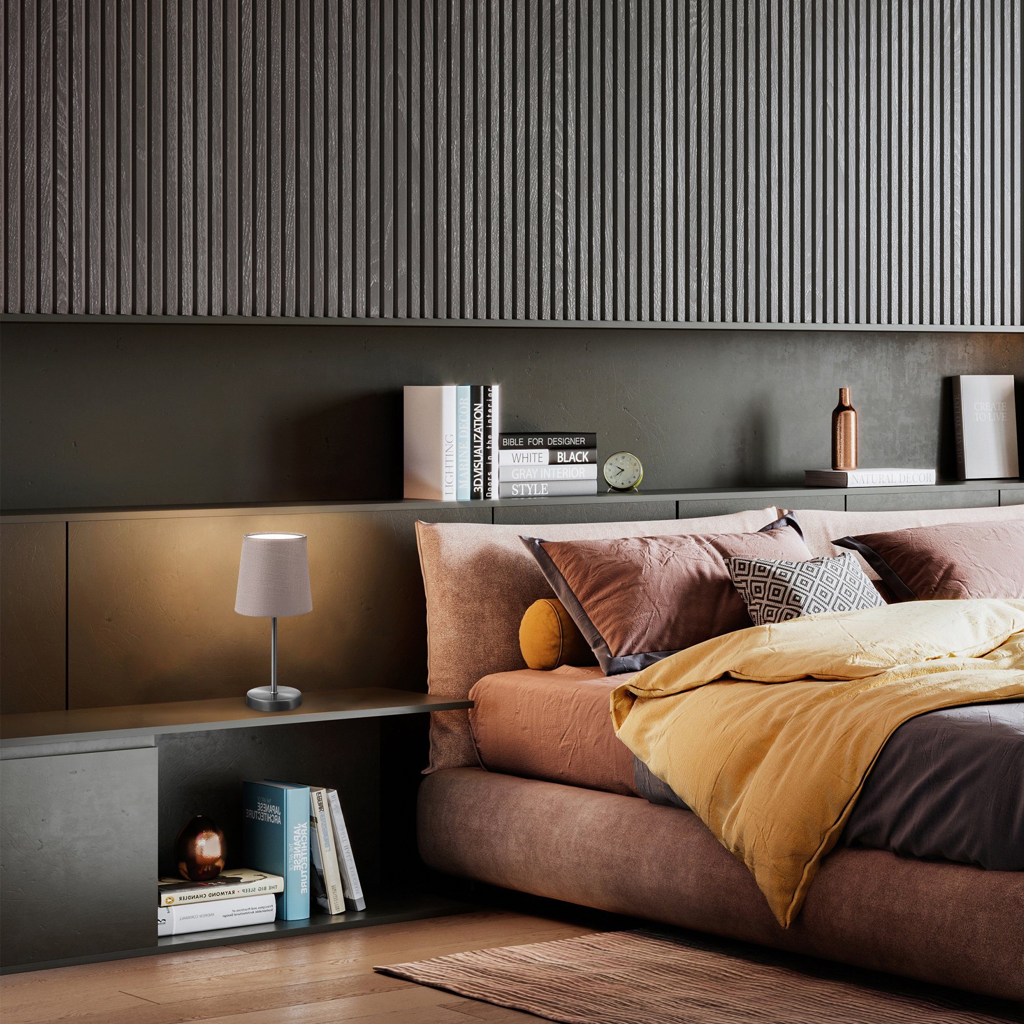 B.K.Licht Tafellamp LED nachttafellamp met schakelaar E14 IP20 stof taupe mat-nikkel