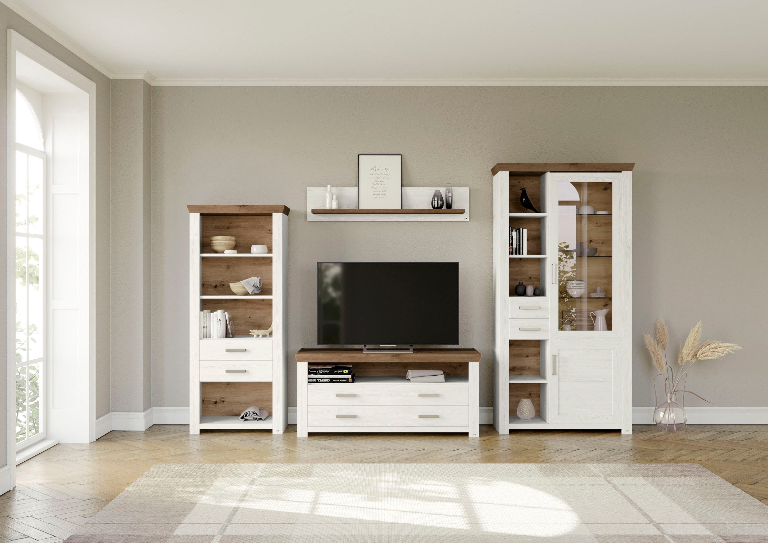 set one by Musterring Wandmeubel York Combinatie met 4 delen, in 3 kleurvarianten, totale breedte 340 cm (4-delig) tv-wandmeubels wit