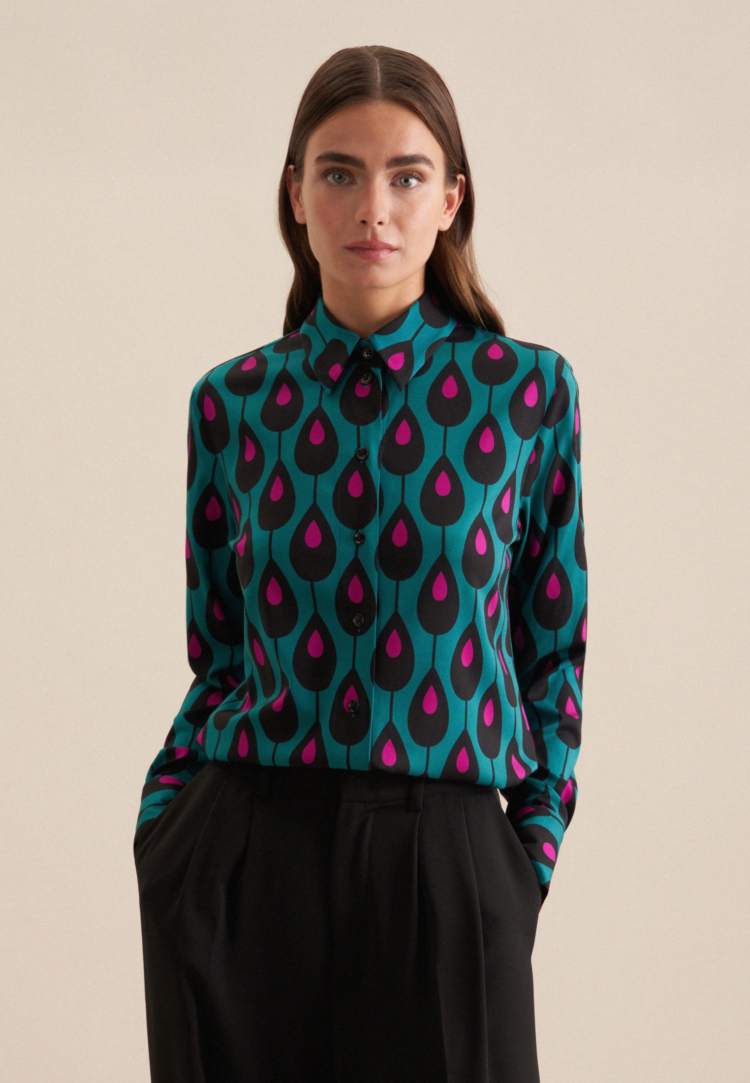 Seidensticker Overhemdblouse Zwarte roos Lange mouwen kraag print