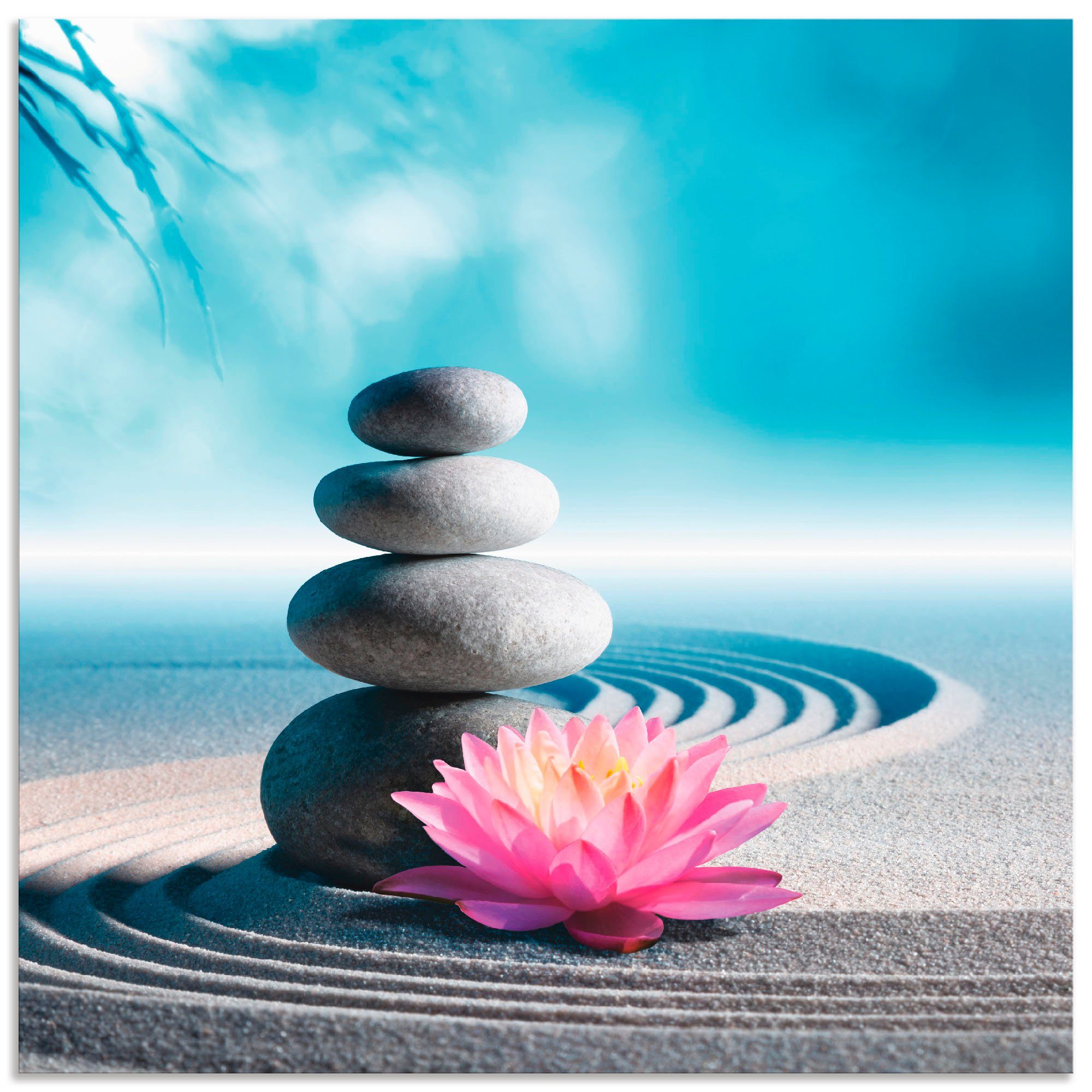 Artland Artprint Zand, lelie en spa-stenen in zen-tuin als artprint van aluminium, artprint voor buiten, artprint op linnen, poster in verschillende