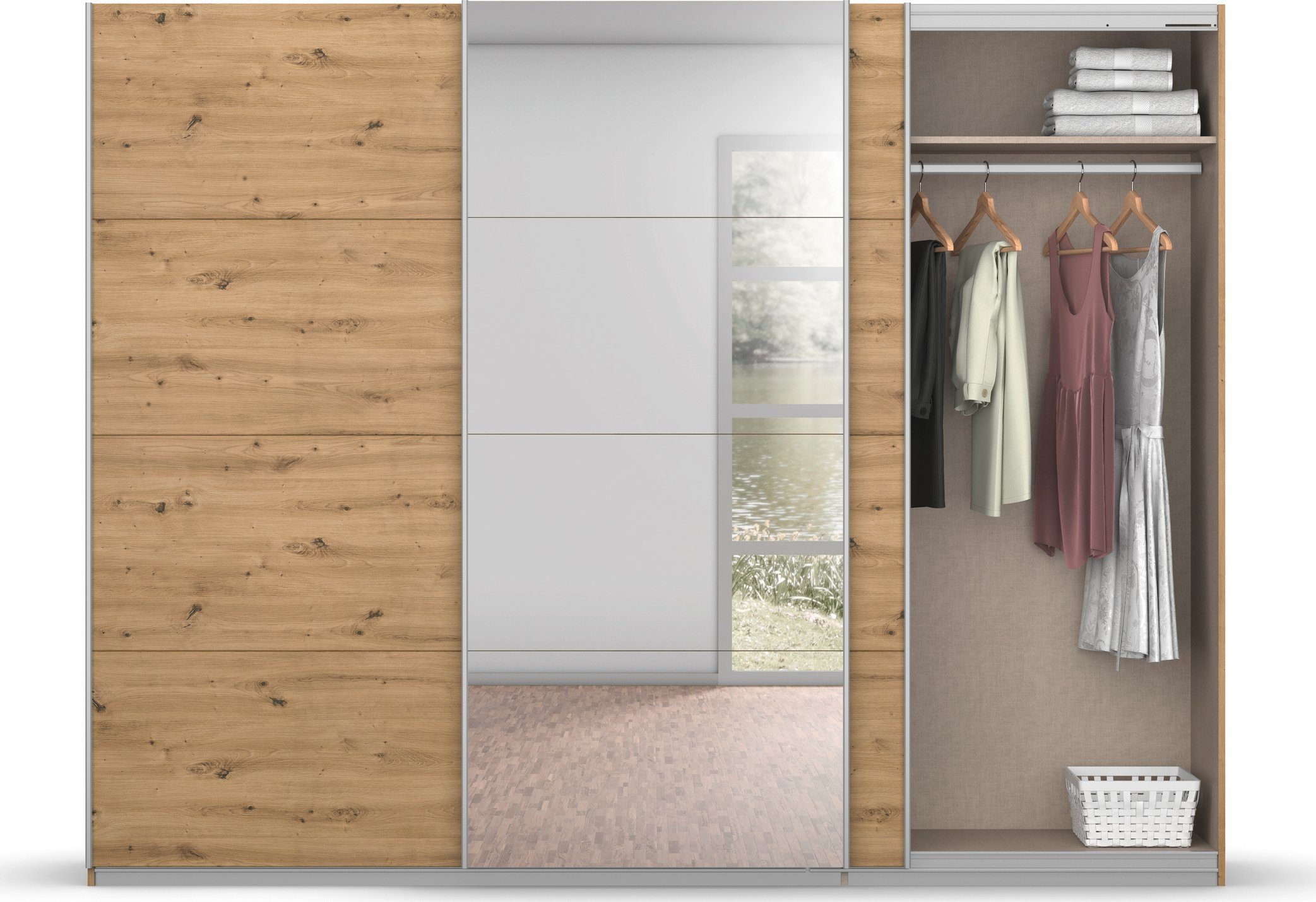 rauch Zweefdeurkast Kledingkast kast garderobe BESTSELLER KOLUNA met spiegel inclusief 2 binnenladen en extra legplanken made in germany