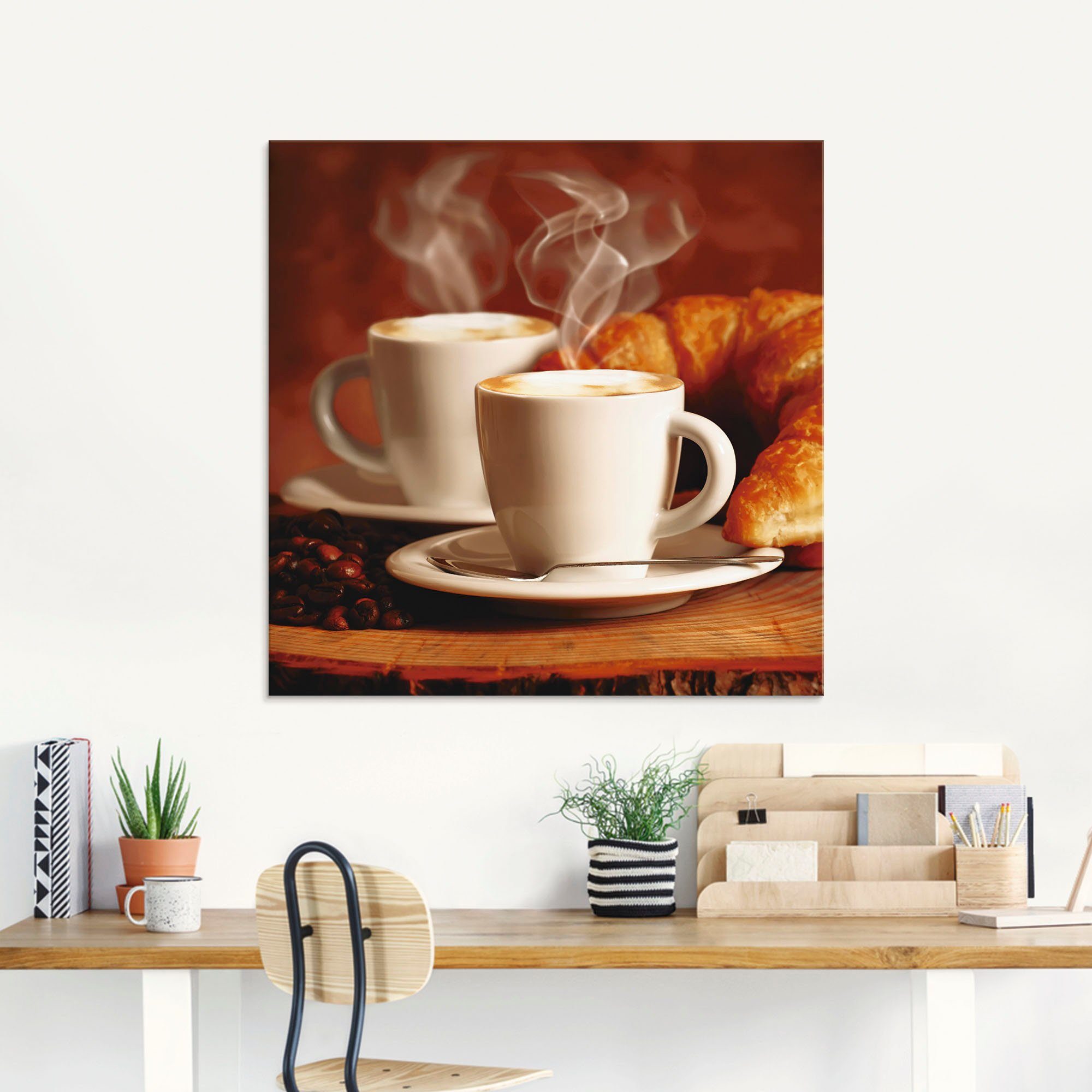 Artland Print op glas Stomende cappuccino en croissant