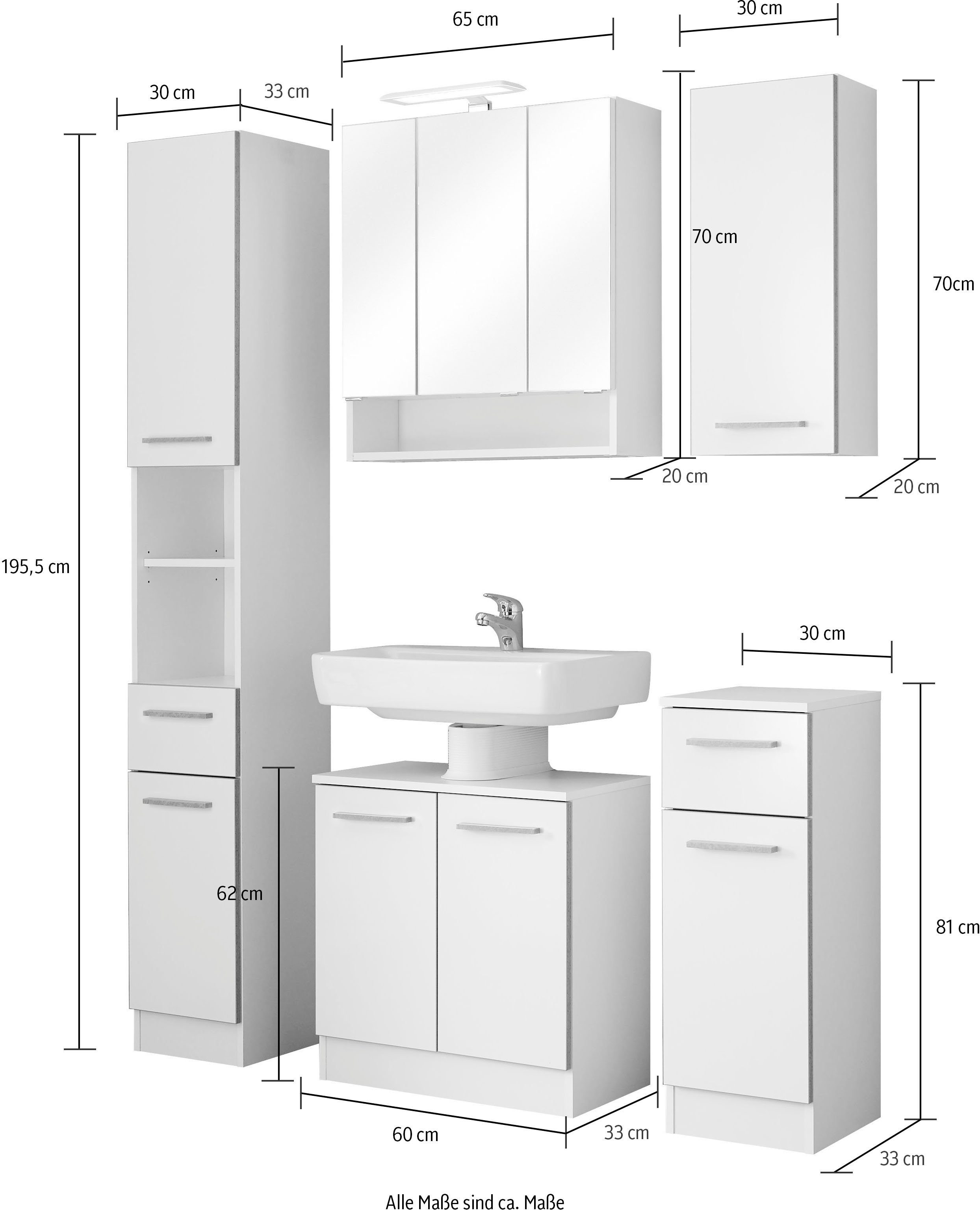 Saphir Badmeubelset Quickset 953 5-delig, wastafelonderkast en led-spiegelkast in glanzend wit, badkamermeubel inclusief deurdemper, zonder wasbak, 9 deuren (set, 5 stuks)