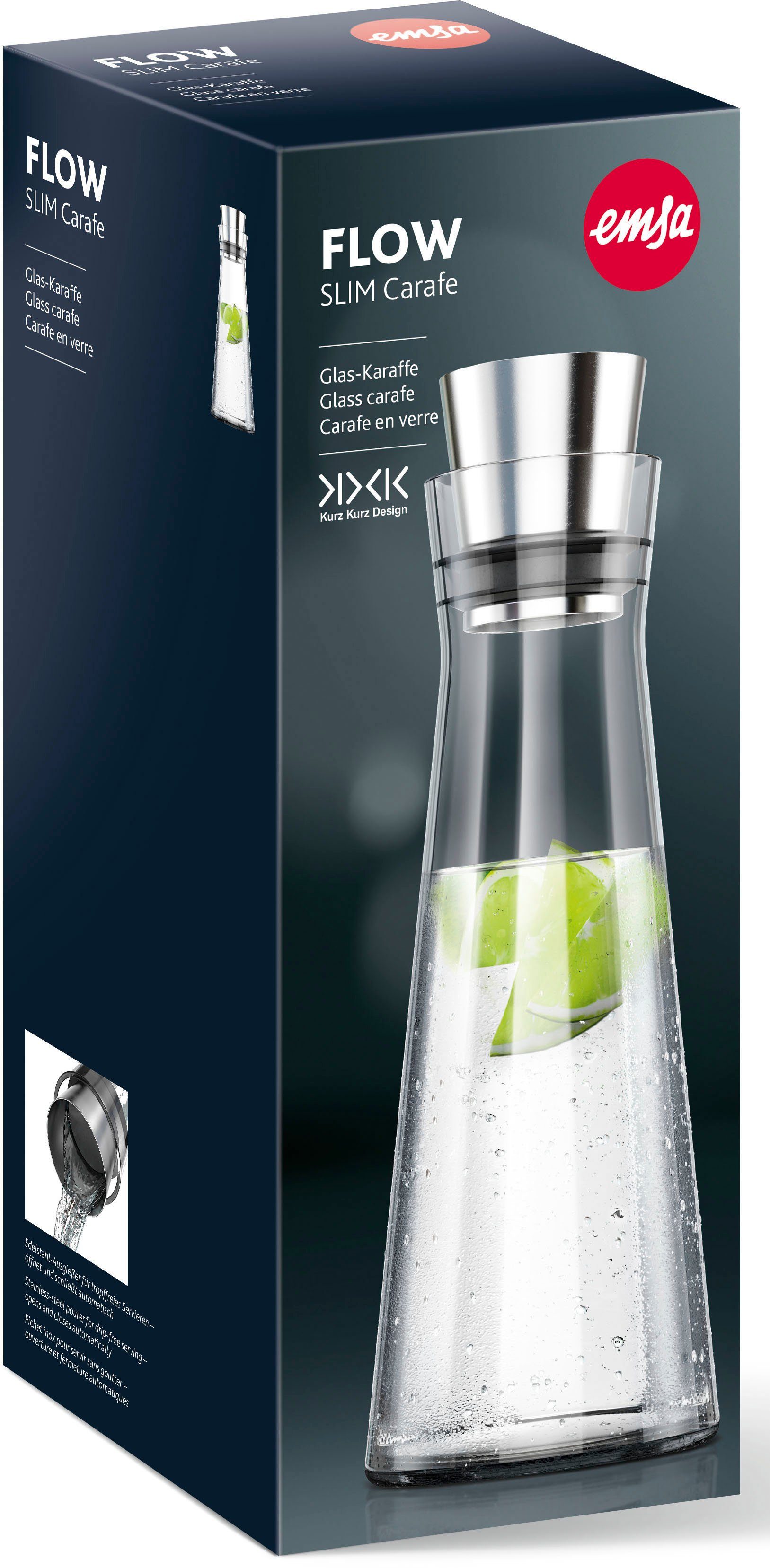 Emsa Karaf 515675 Flow Slim automatische sluitkap, schenker, mondgeblazen glas, 1 l