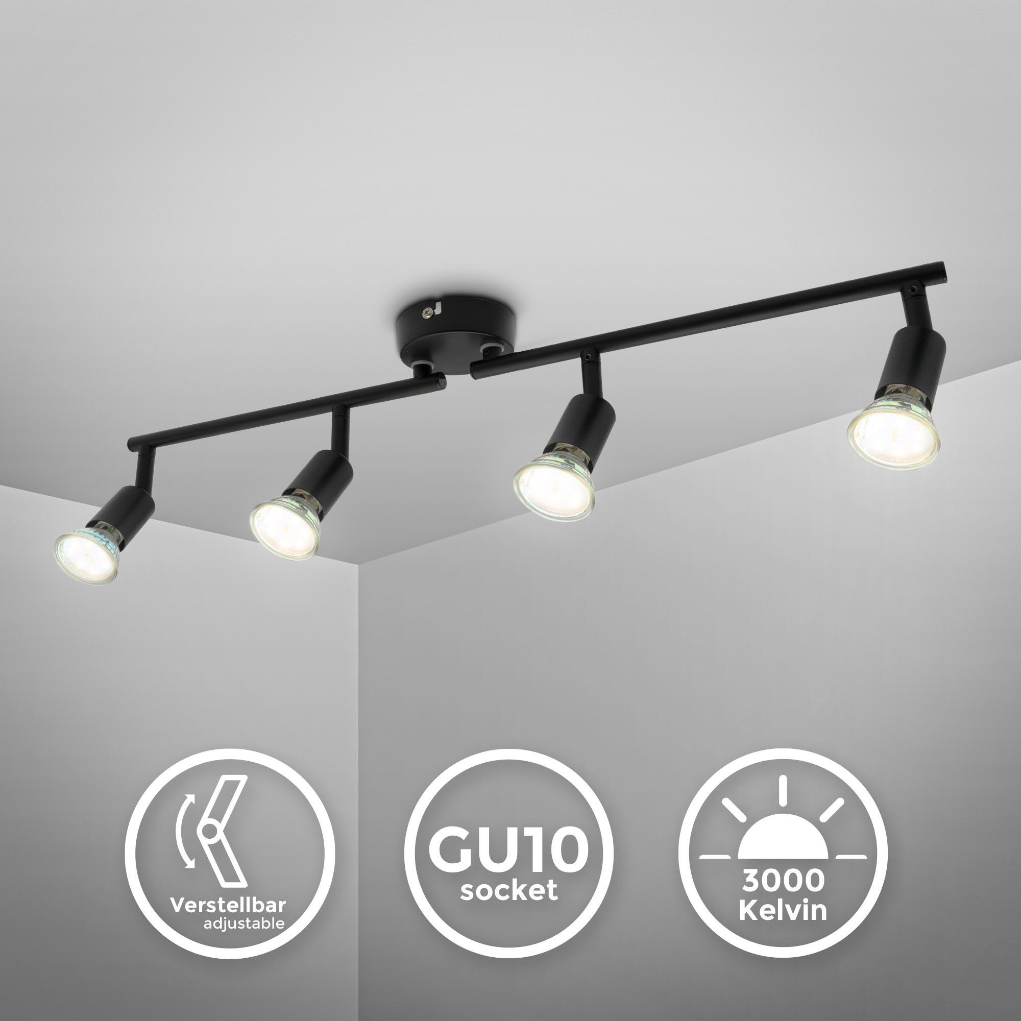 B.K.Licht Ledplafondspot voor buiten BK_DS1546 Plafondlamp, Zwenkbaar, Zwart, Incl. GU10 lamp 4-armig, incl. 4x 2,9 watt gu10, 3000k warmwit licht, 4x 260 lm (1 stuk)