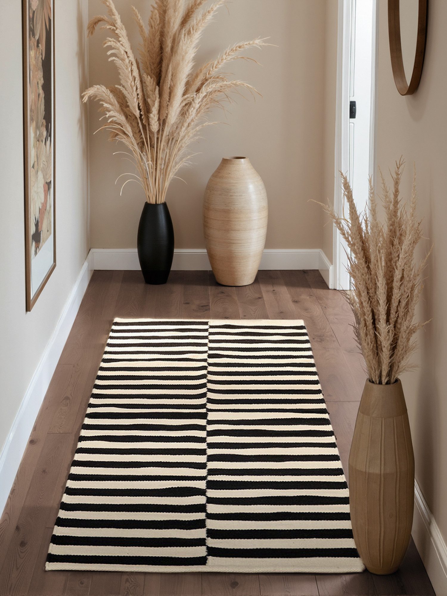 HANSE Home Wollen kleed Donna, zwart-wit handgeweven, wol, natuur, loper, woonkamer, slaapkamer, strepen