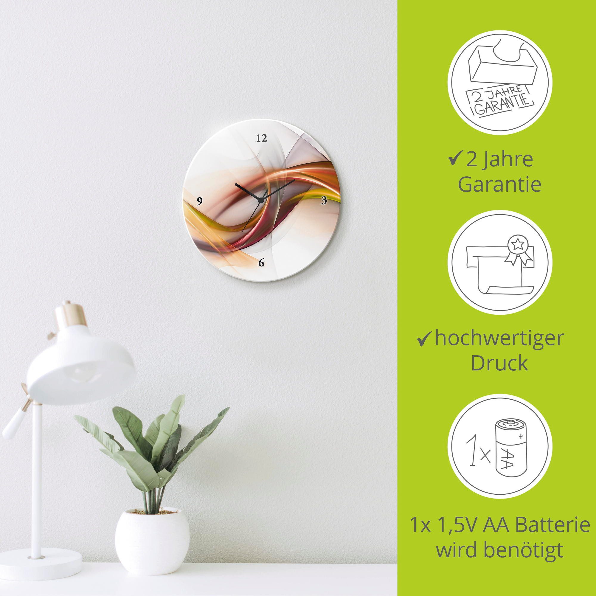 Artland Wandklok Glazen klok rond Abstract design oranje optioneel verkrijgbaar met kwarts- of radiografisch uurwerk, geruisloos zonder tikkend geluid