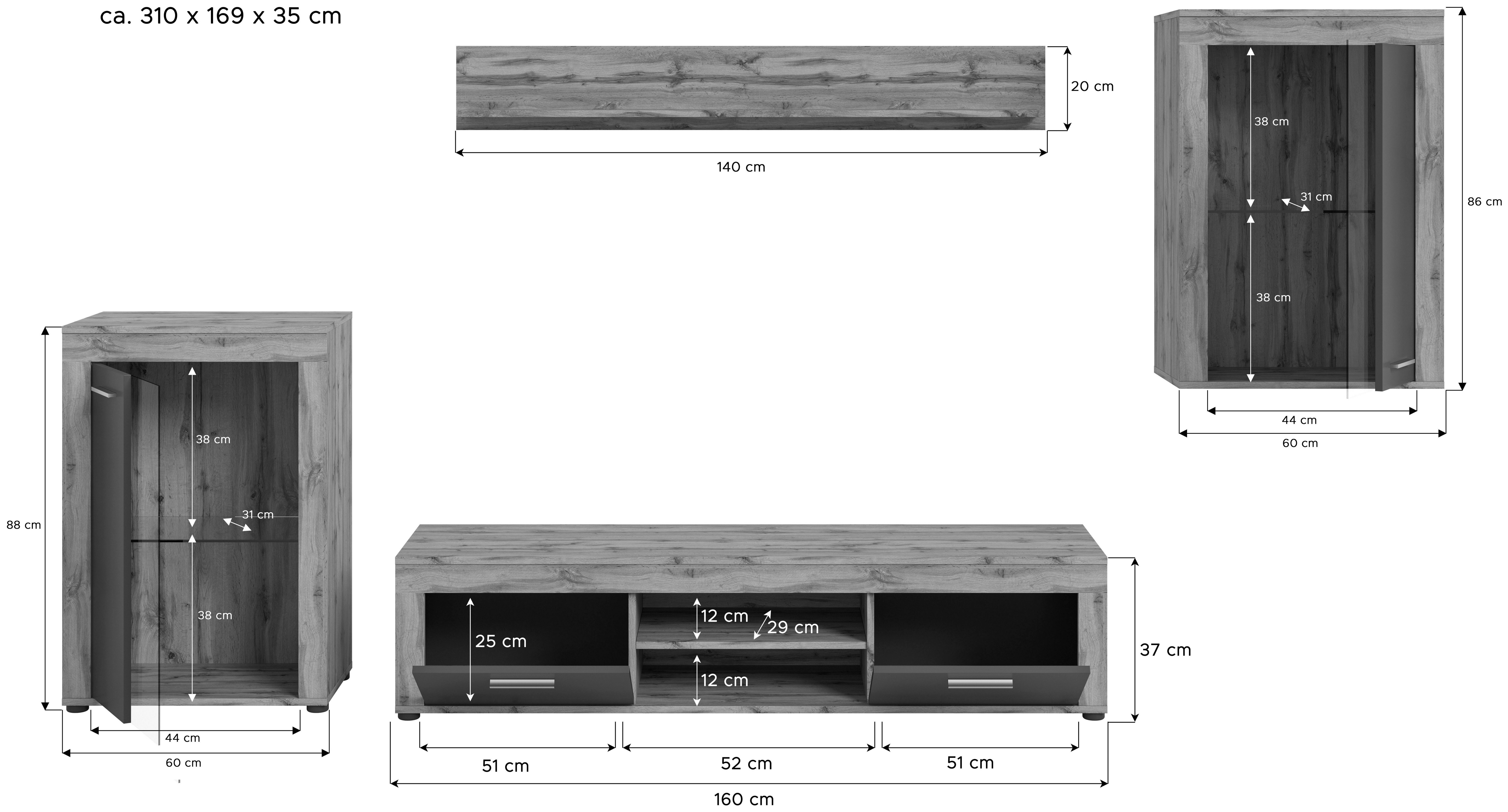 INOSIGN Wandmeubel Aosta, 4-delig, bestaande uit: 2x vitrinekast, lowboard & wandplank (4-delig)