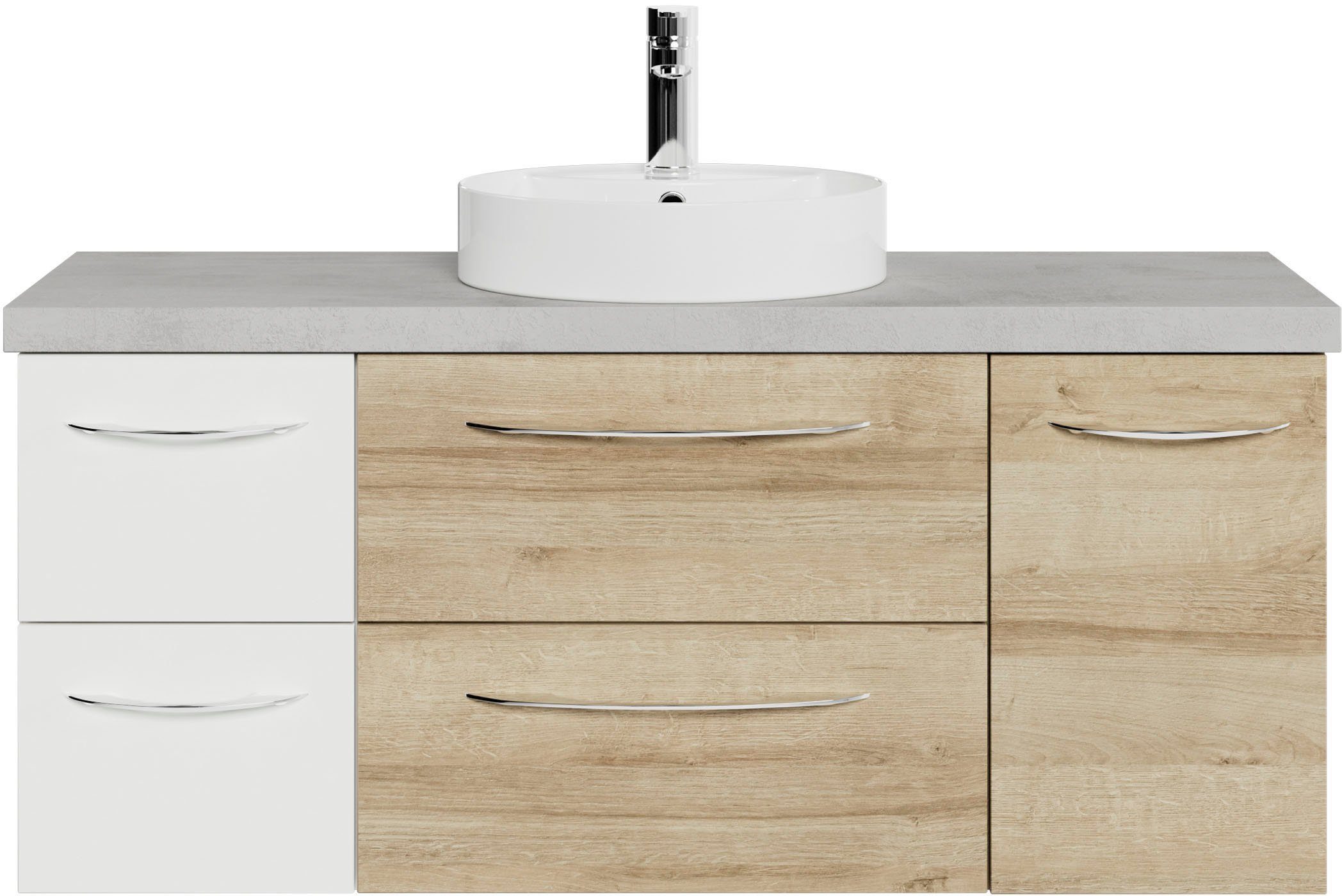 Saphir Wastafelonderkast Serie 4035 keramieken opzetwasbak met onderkast, 118 cm breed Wasplaats, 4 lades, 1 deur, incl. deurdemper, handgreep chroom