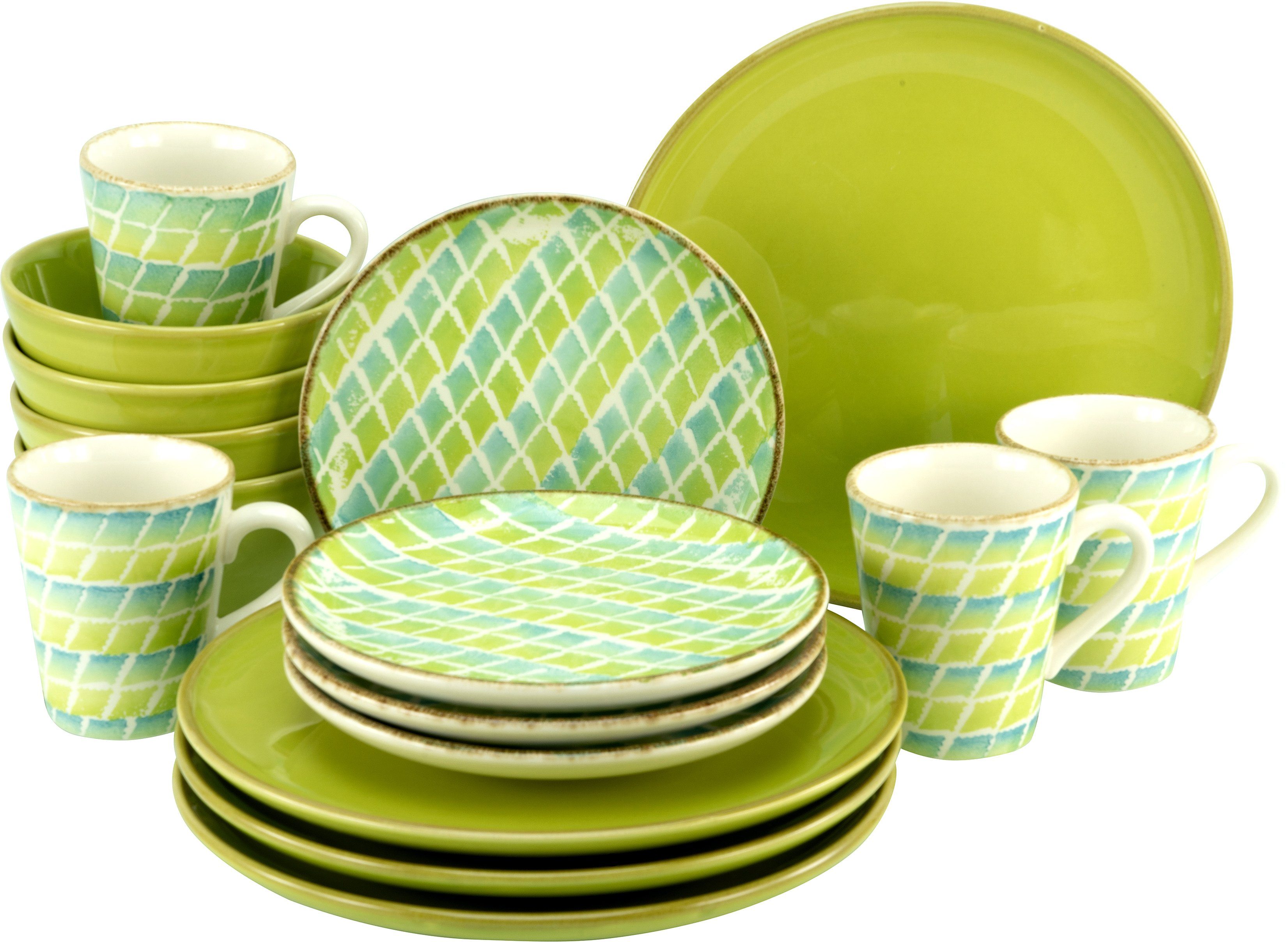 CreaTable Combi-servies Servies-set Cordoba Servies, ruitmotief, Made in Europe, 16 delen, voor 4 personen (set, 16-delig) serviezen groen