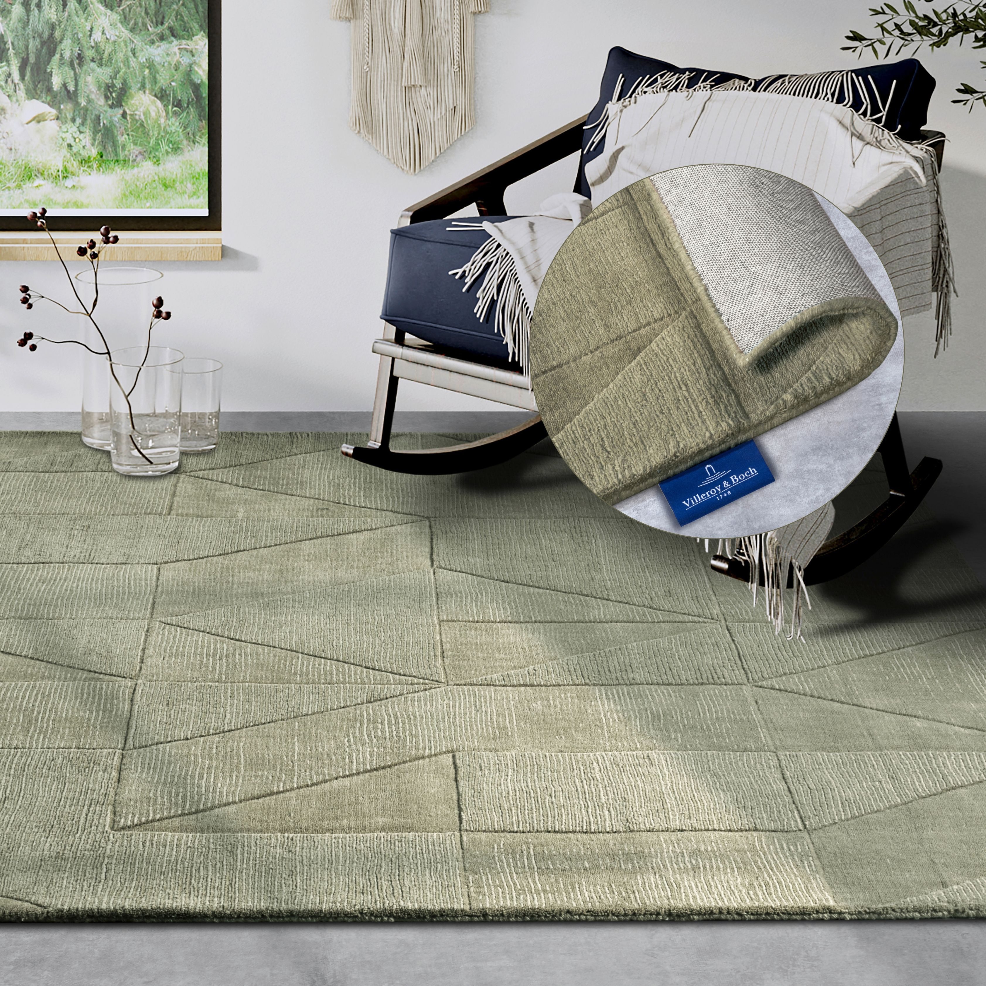 Villeroy & Boch Wollen kleed Ursule Loper, handgeweven, wol, natuur, woonkamer, geometrie, boho wollen vloerkleden maat 190 cm x 280 cm x 10 mm groen