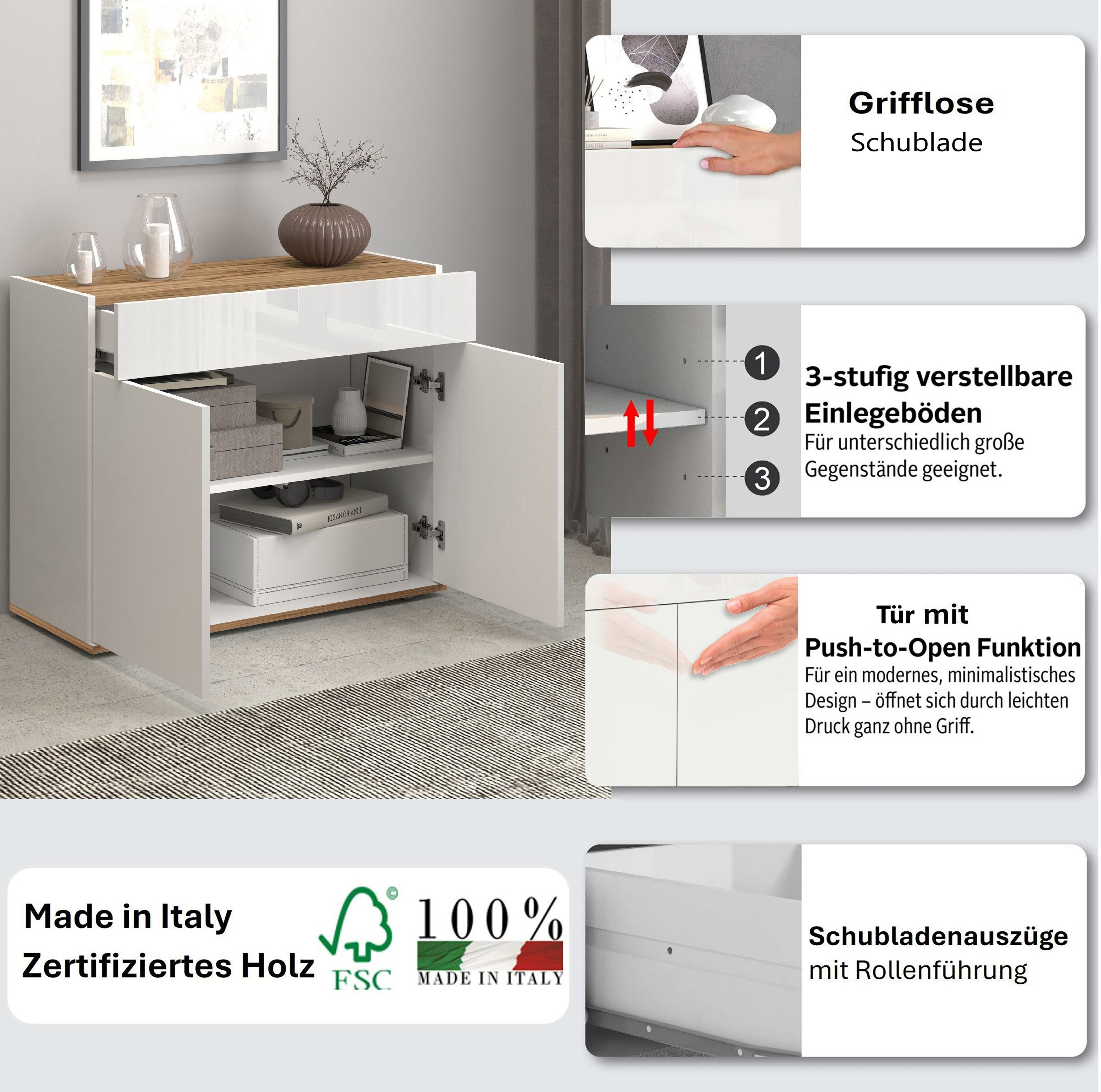 INOSIGN Dressoir Garda, Ladekast, Kast, Buffet 2 deuren, 1 lade, greeploos breedte 80,9 cm