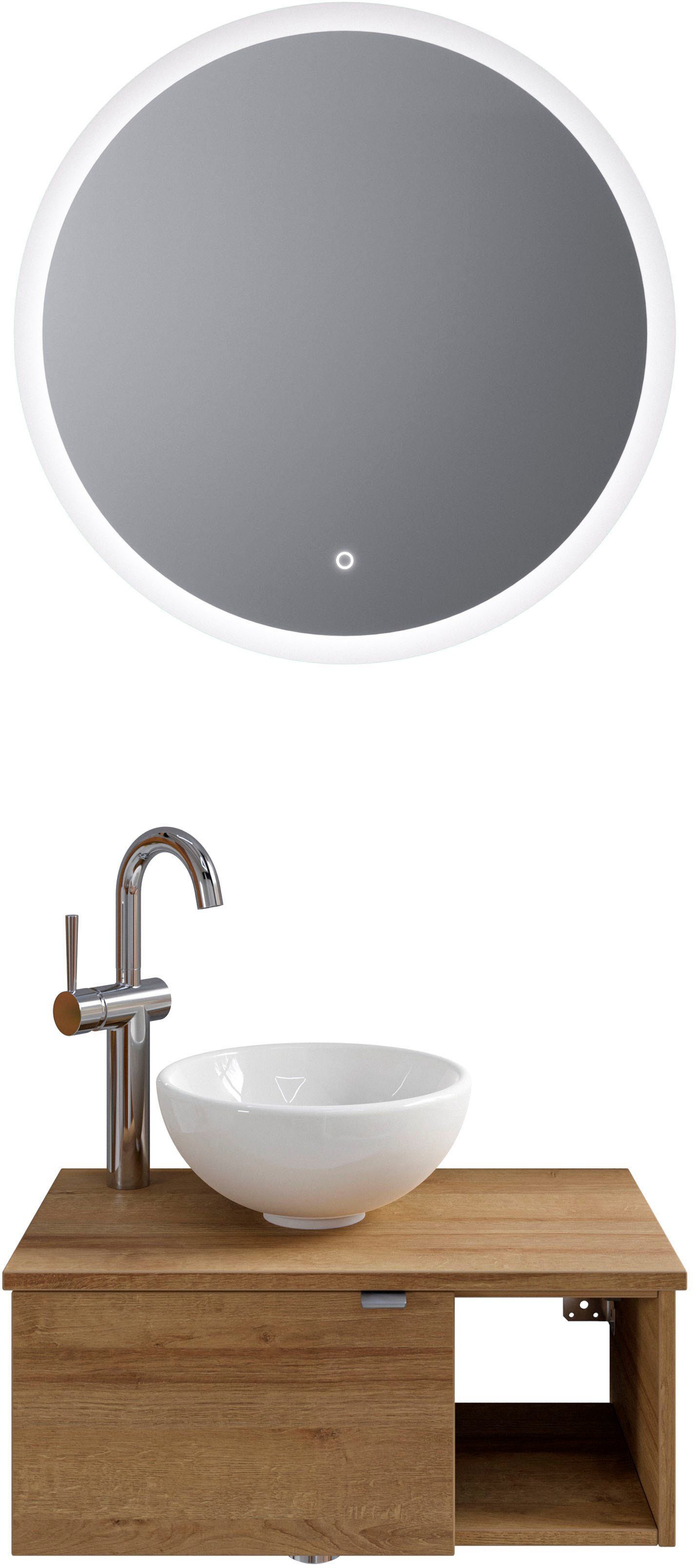Saphir Badkamerserie Serie 6915 Gastenbadkamer, 70 cm breed, met led-spiegel, open vak en 1 deur (4-delig) badmeubelsets bruin
