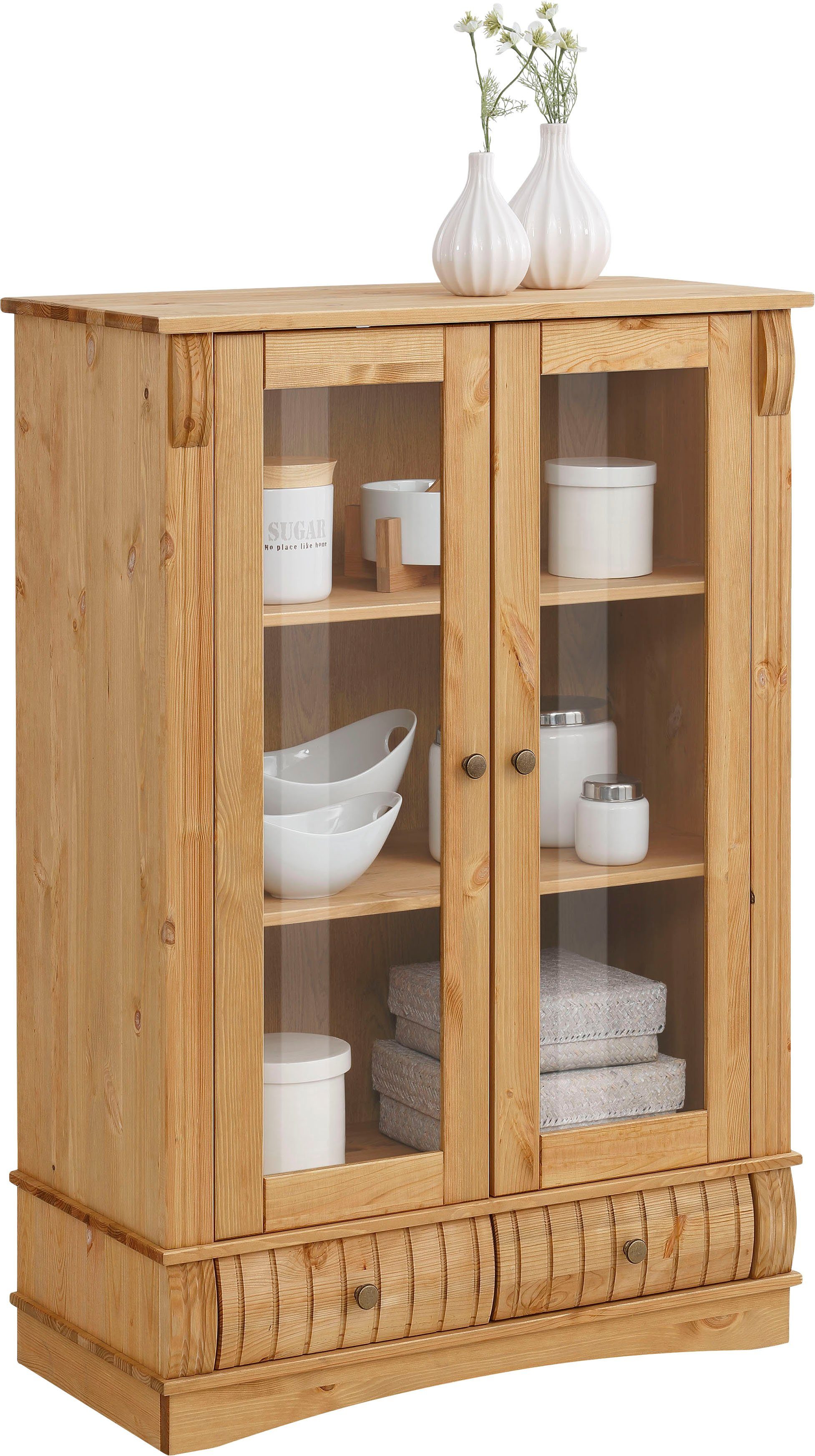 Home affaire Vitrinekast Teresa met 2 glazen deuren en 2 lades, hoogte 120 cm, van massief hout