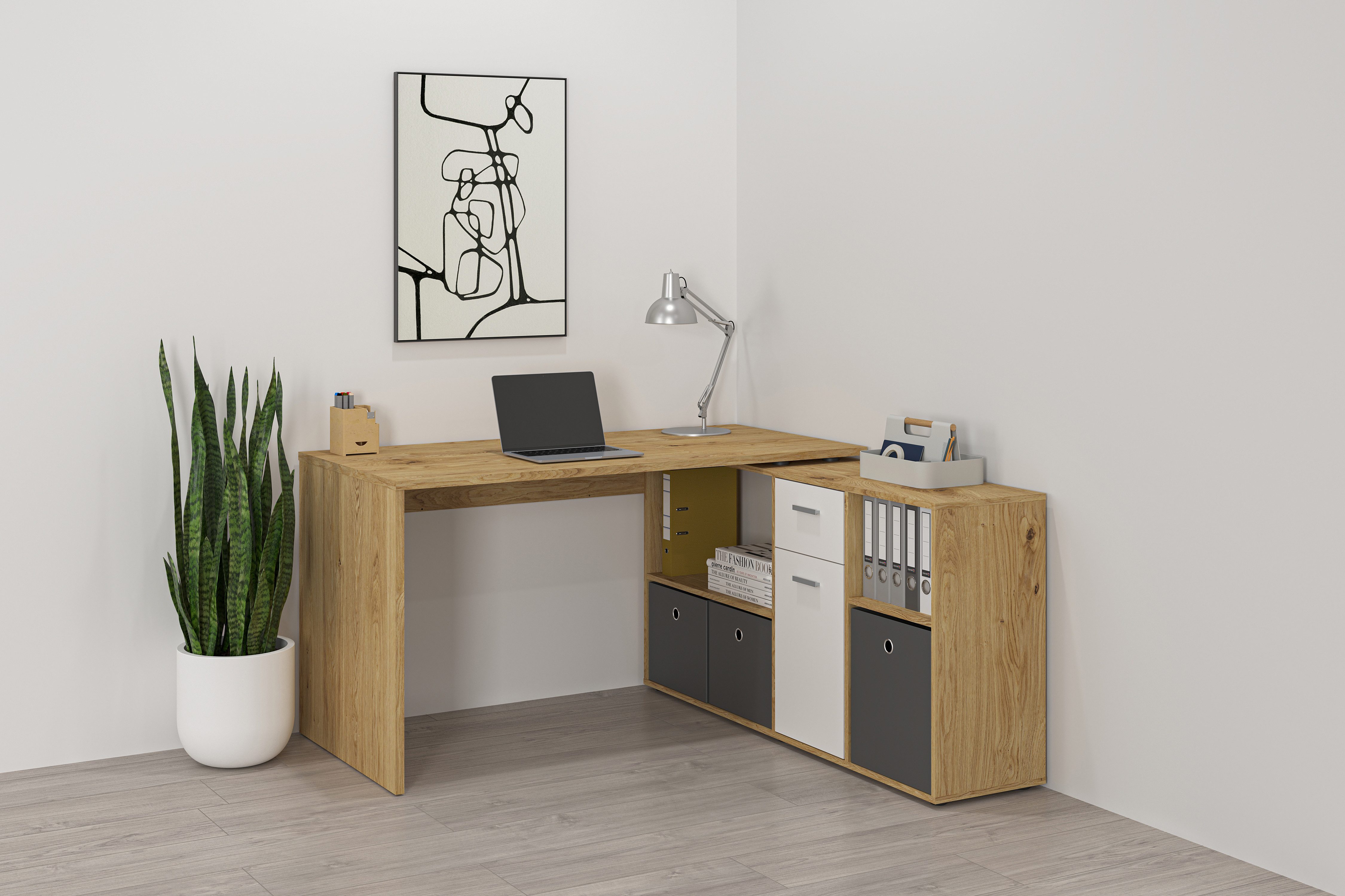FMD Hoekbureau Lexo variabel monteerbaar, breedte 136 / 205 cm, made in germany