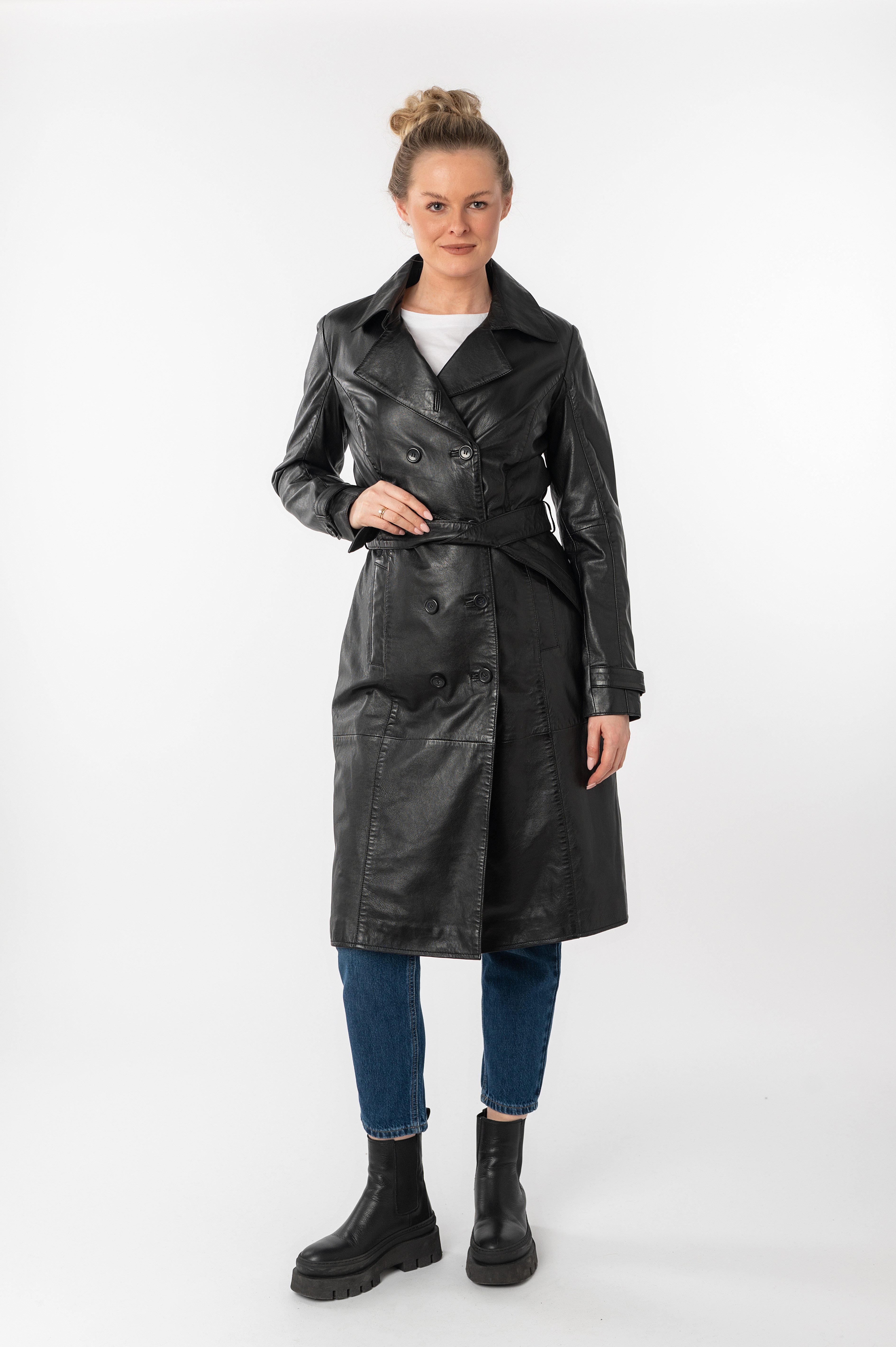 Mauritius Lange, leren jas GWTaruh OT elegante leren trenchcoat met bindceintuur (2-delig)