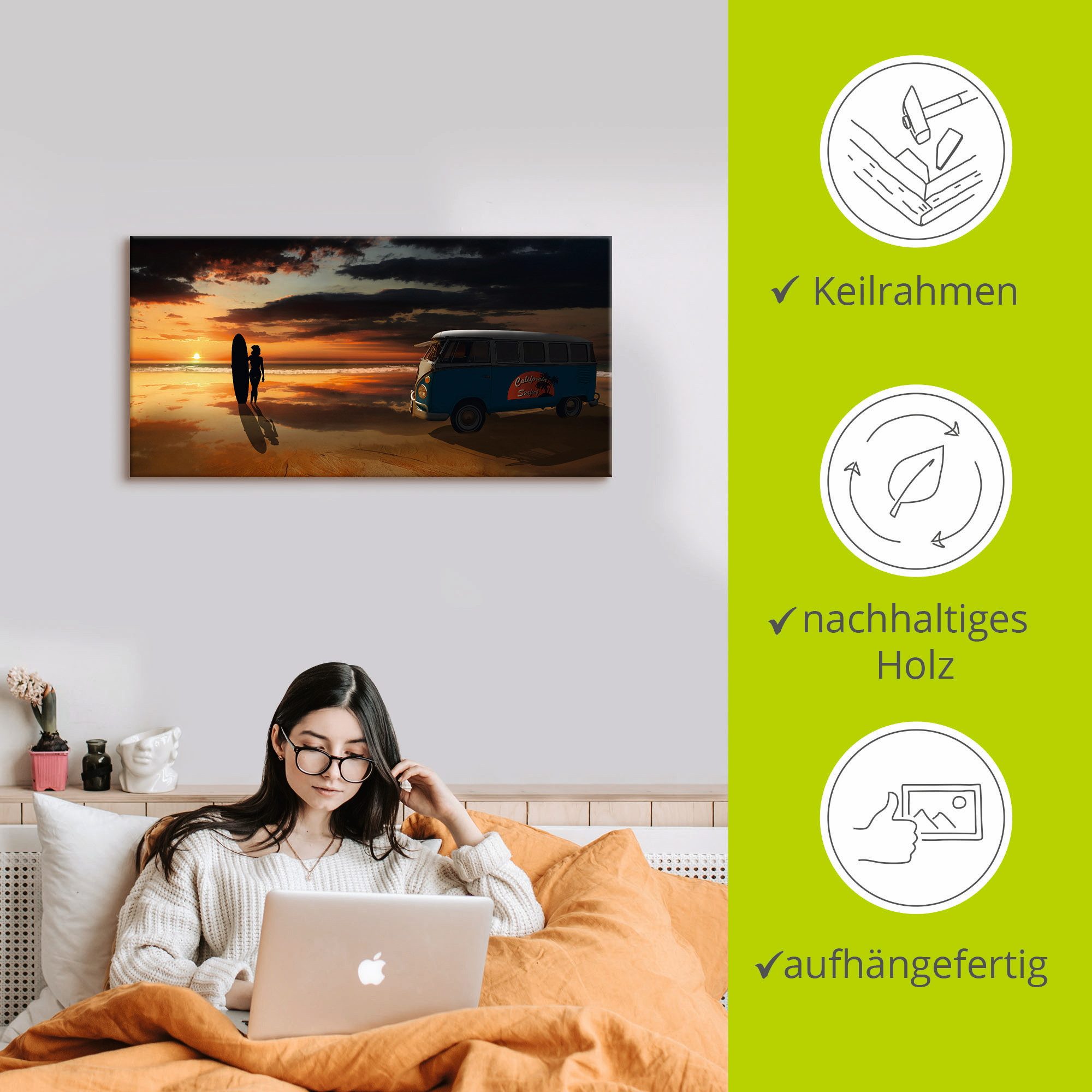 Artland Artprint Surfen in Californië met Bulli T1 als artprint van aluminium, artprint voor buiten, artprint op linnen, poster, muursticker