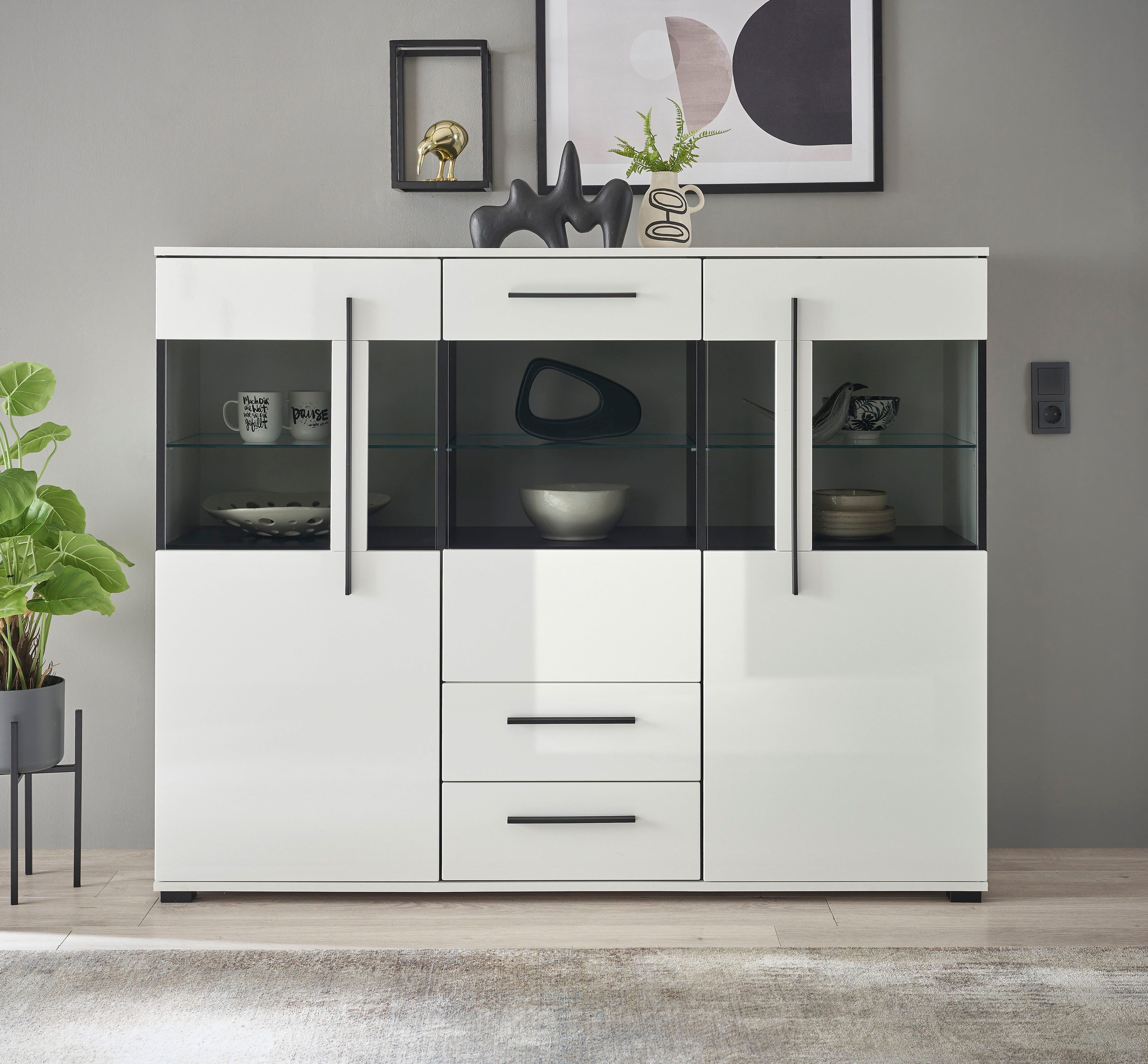 INOSIGN Highboard Cantara, moderne kast, vitrinekast in Eiken decor of wit zwarte stanggreep, voldoende opbergruimte, veelzijdig inzetbaar highboards