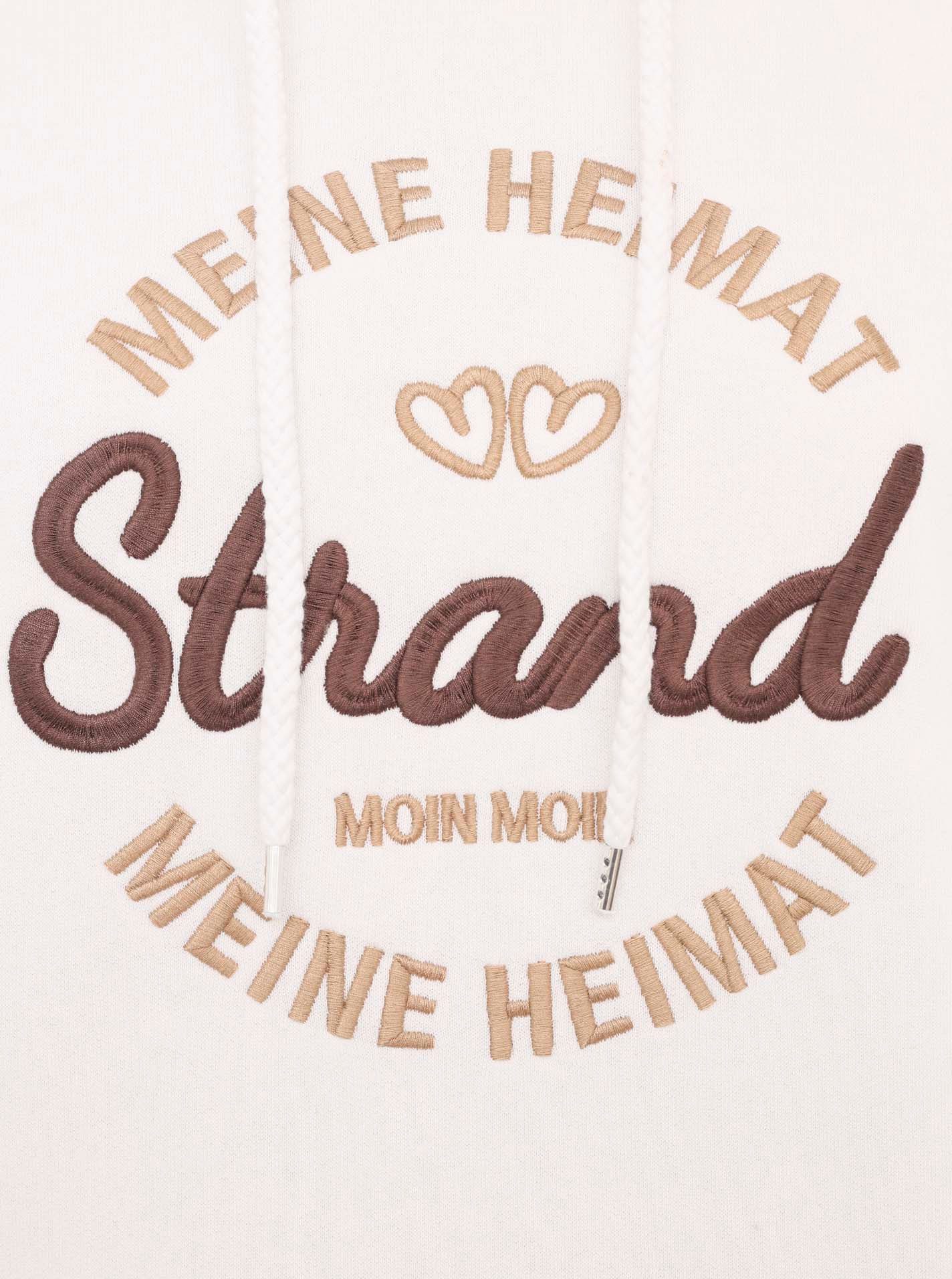 Zwillingsherz Hoodie Mijn Thuis met geborduurd "strand"-schrift op de voorkant en achterkant