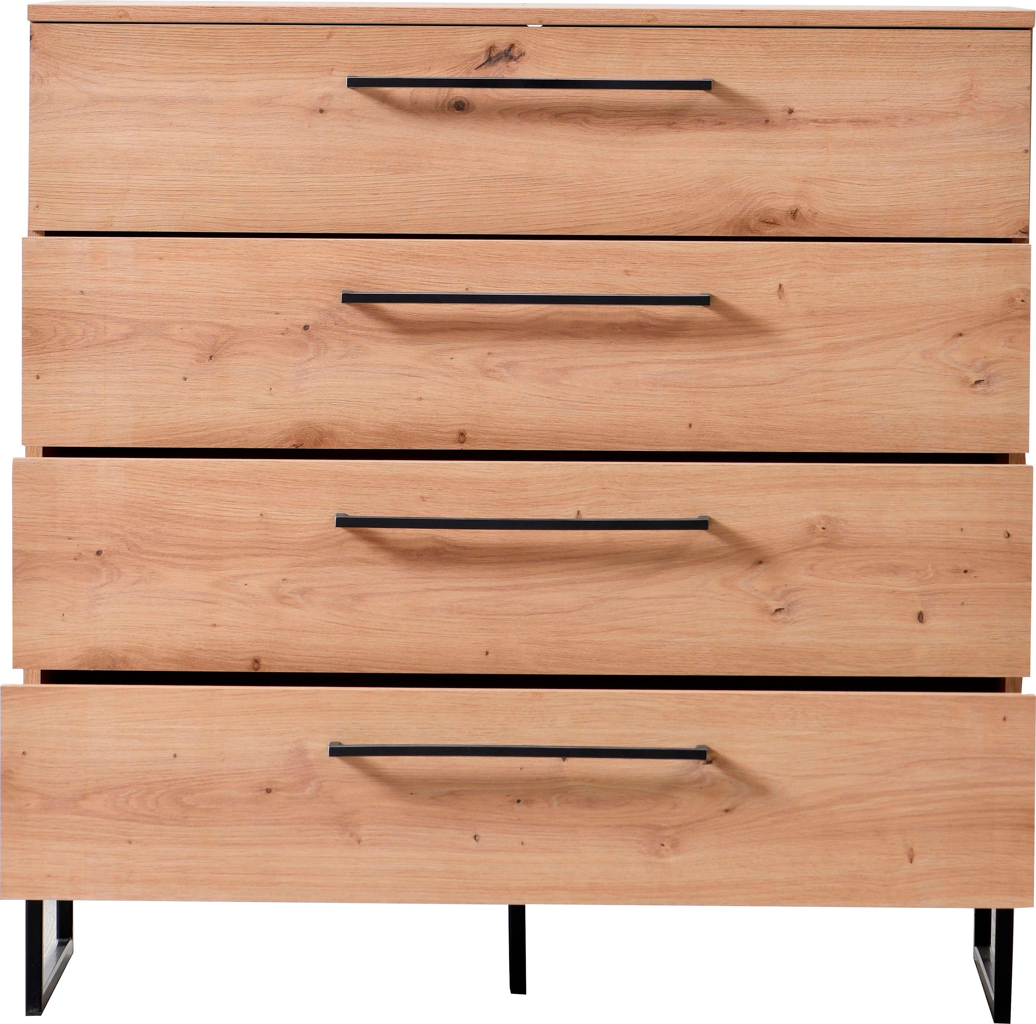 INOSIGN Ladekast Sardinië, 91x92,5x42cm, FSC® gecertificeerd houtmateriaal met 4 lades, met trendy zwarte handgrepen en metalen voeten