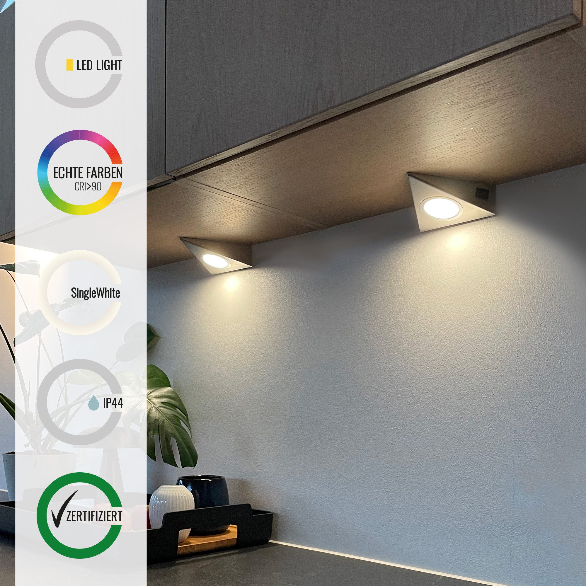 Loevschall Led-onderbouwverlichting Emerald 3-kit, LED onderbouwlamp, plafondlamp voor de keuken Inbouwverlichting Wit 2W, Driehoekig LED Lamp, Moderne Keukenverlichting (3 stuks)