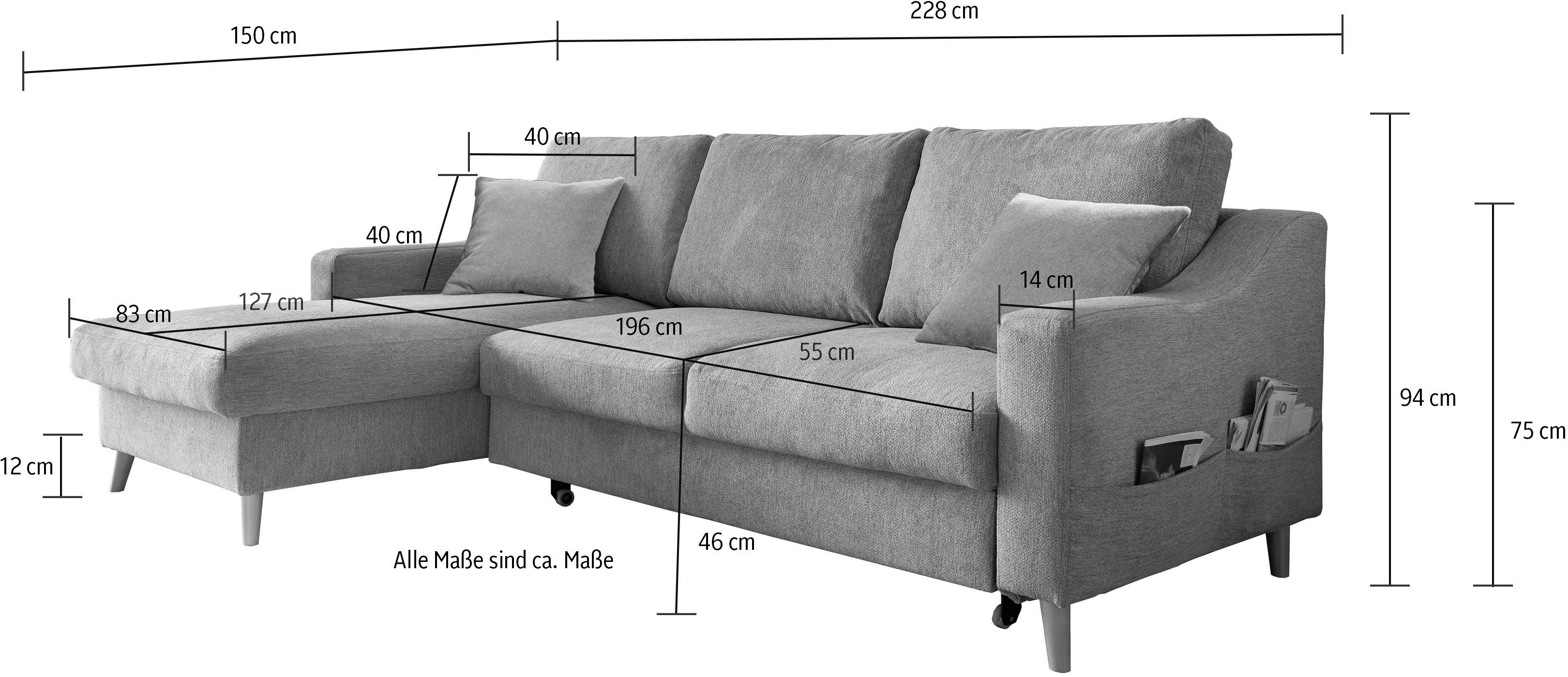 INOSIGN Hoekbank Valentina L-vorm 2 sierkussens, met zijvak, uittrekbare matrasbodem, bedbox