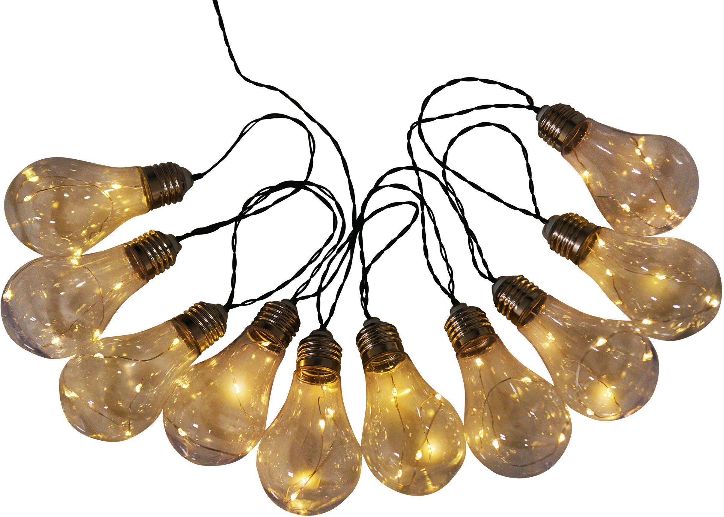 näve Led-lichtsnoer Gloeilamp Zonne-energie, 10 heldere gloeilampen, warmwit, incl. zonnepaneel, lengte 300 cm (1 stuk)