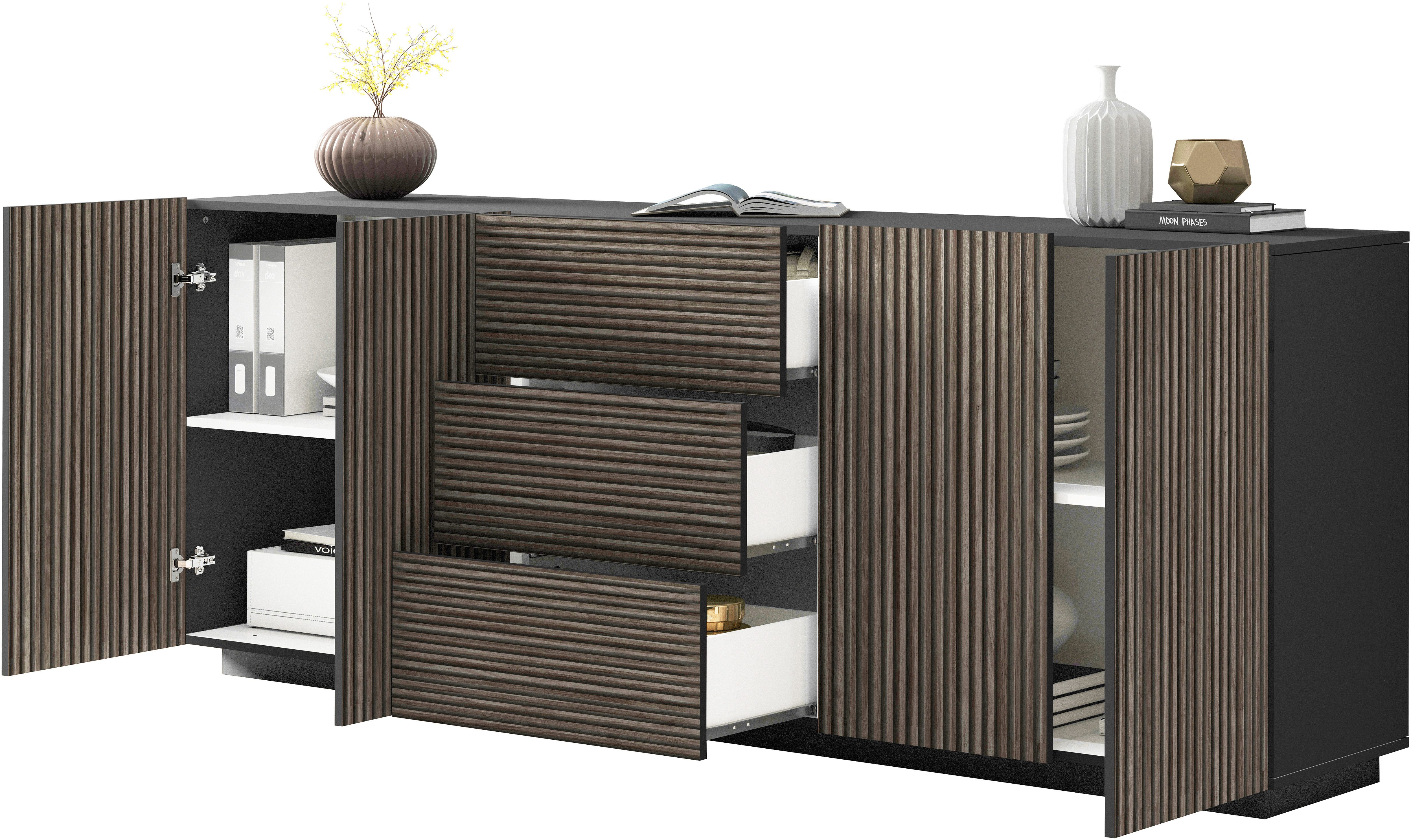 INOSIGN Dressoir Vega Sideboard, Ladekast, 220 cm met 4 deuren en 3 lades, fronten met groeflook