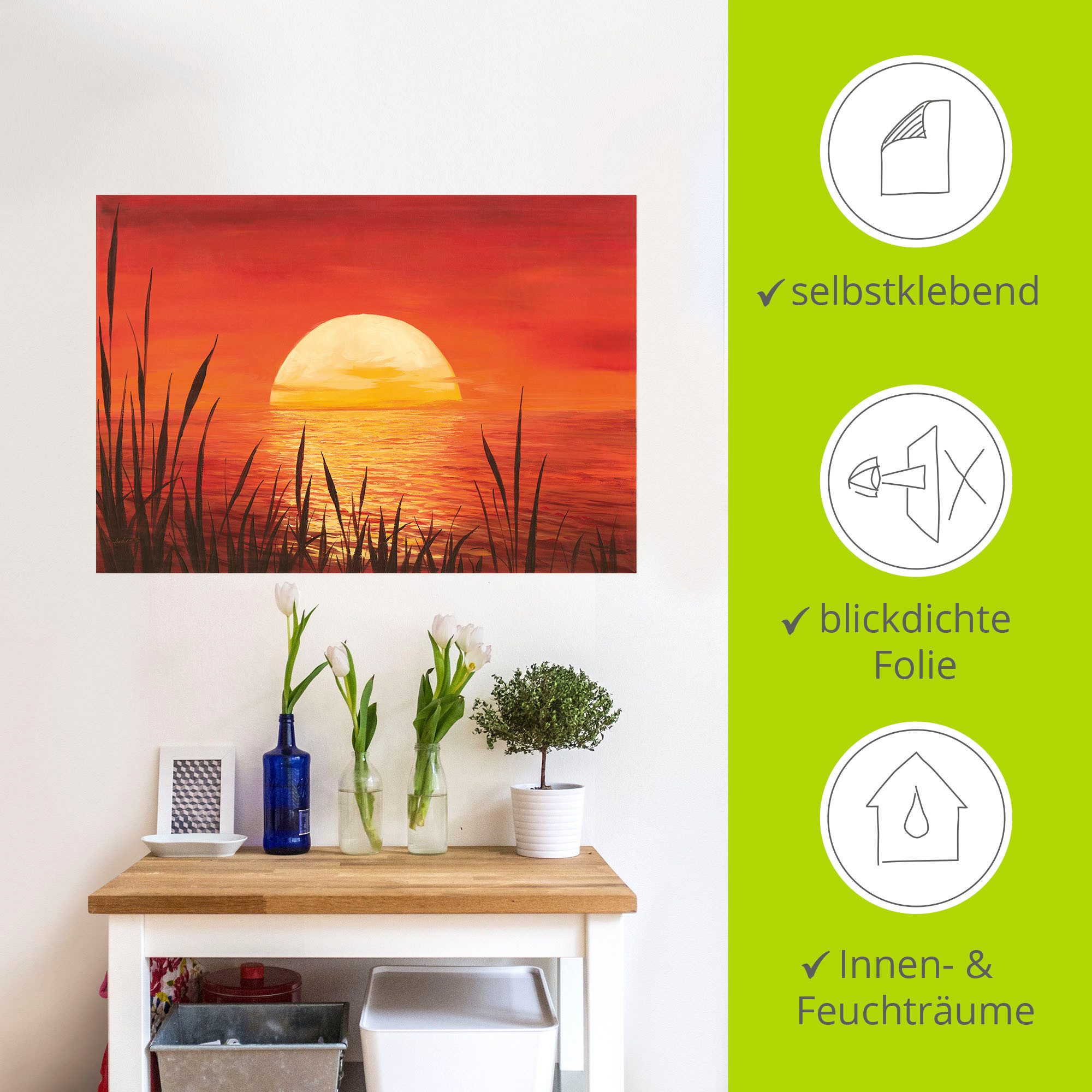 Artland Artprint Rode zonsondergang bij de oceaan als artprint van aluminium, artprint voor buiten, artprint op linnen, poster, muursticker
