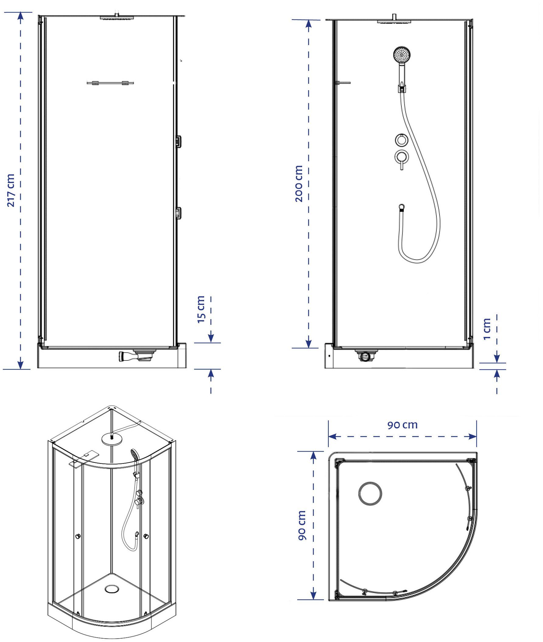 Marwell Complete douche Silver Round inclusief kranen, 90 cm x 90 cm