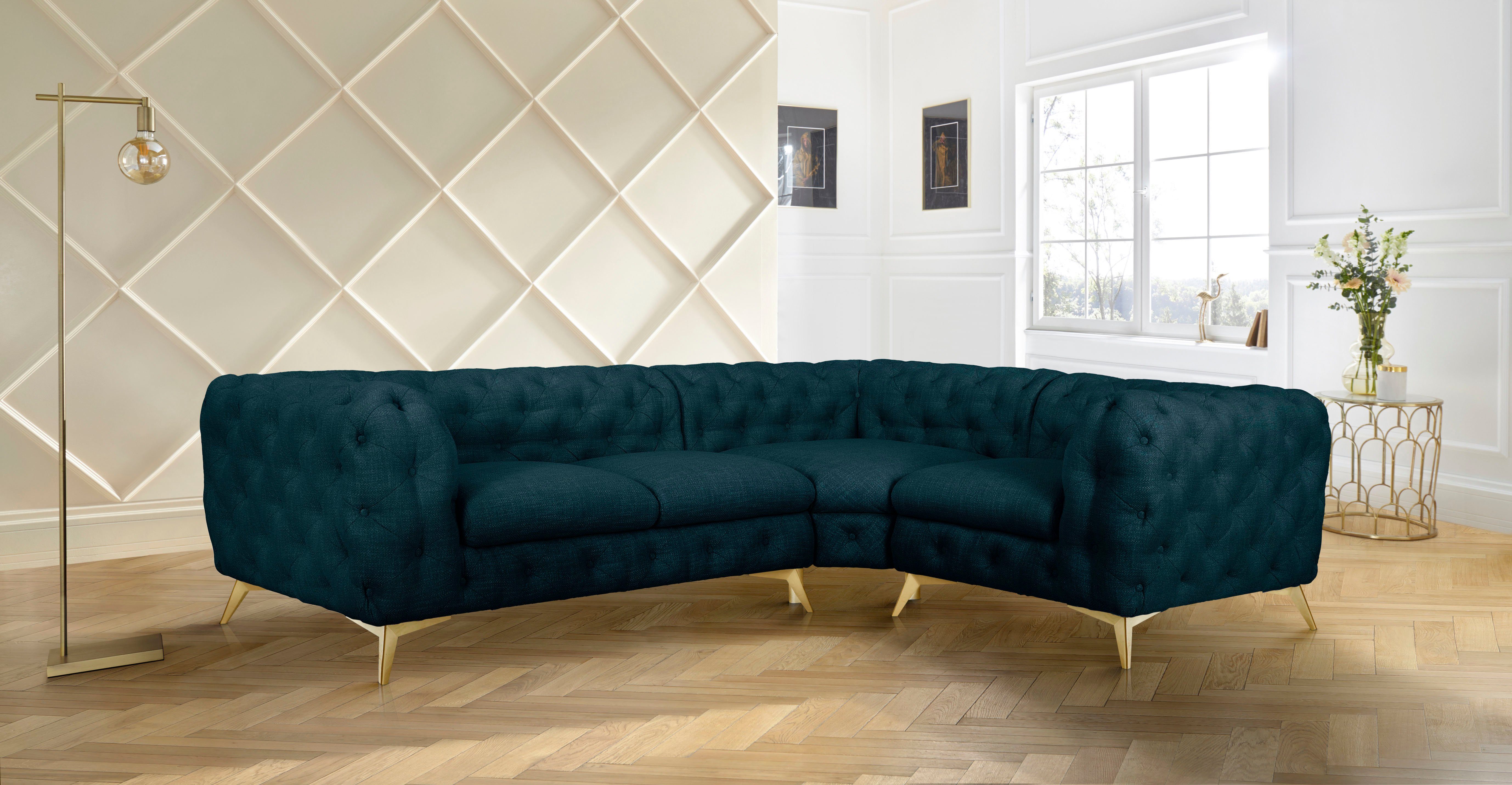 Leonique Chesterfield-bank Glynis L-vorm luxueuze capitonnage, moderne chesterfield look, kleur van de poten ter keuze