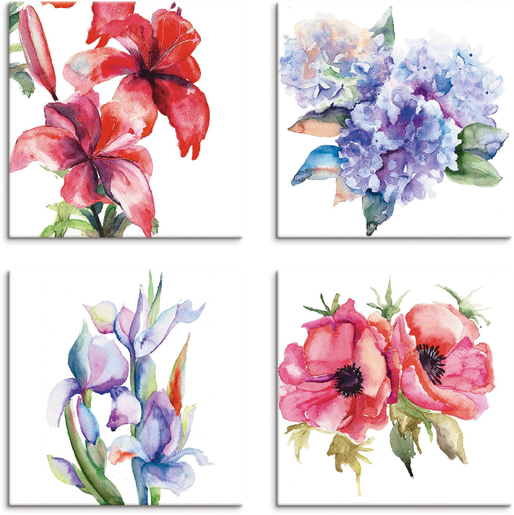 Artland Artprint op linnen Lelies klaprozen iris hortensia's (4-delig)