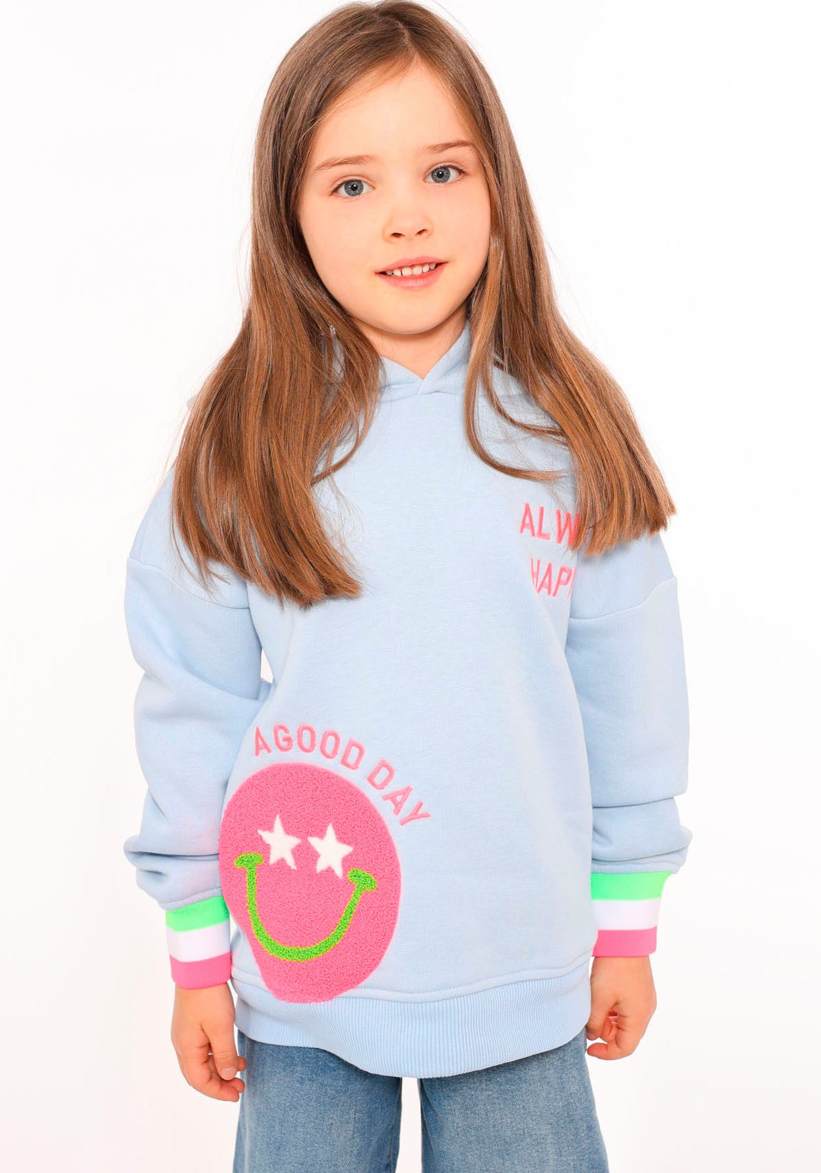 Zwillingsherz Hoodie Always Happy Kids met grote smiley en neonkleurige details