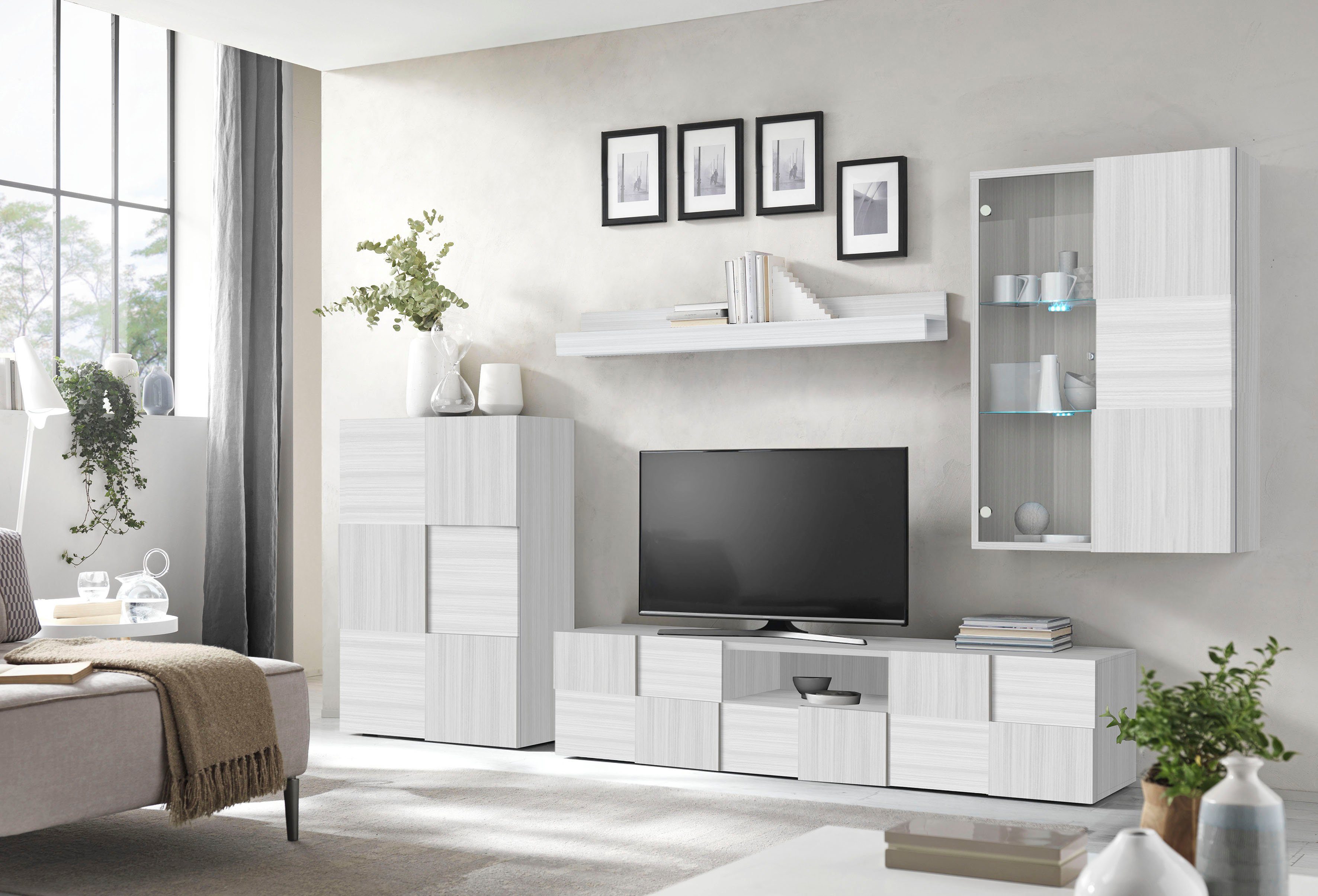 INOSIGN Wandmeubel Dama, 4-delig breedte 300 cm, hoogte 200 cm, moderne aanbouwwand in 3D-look (set, 4-delig) tv-wandmeubels wit