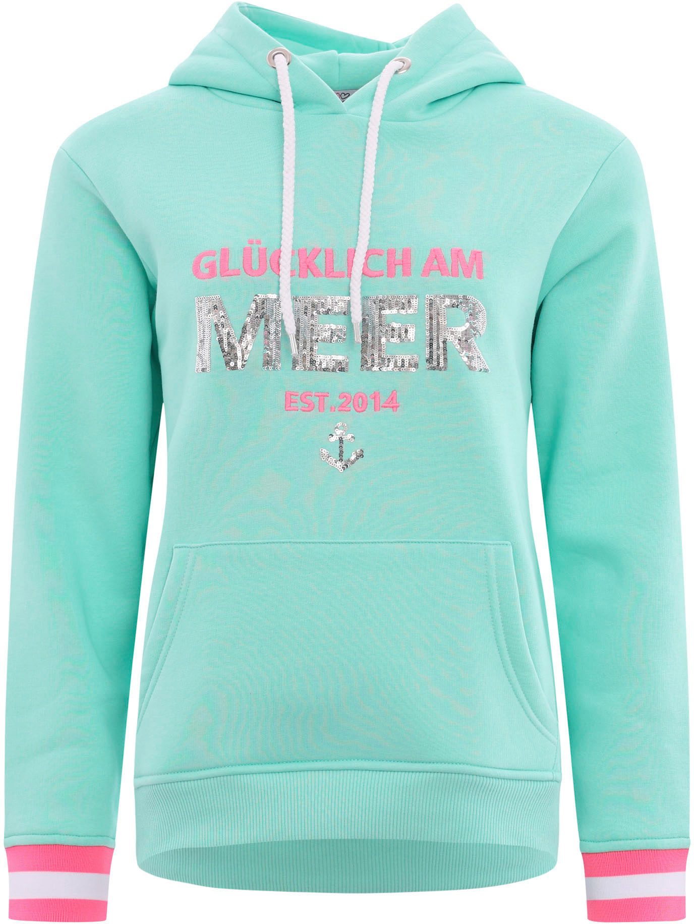 Zwillingsherz Hoodie Gelukkig aan zee met pailletten, capuchon en contrasterende boorden