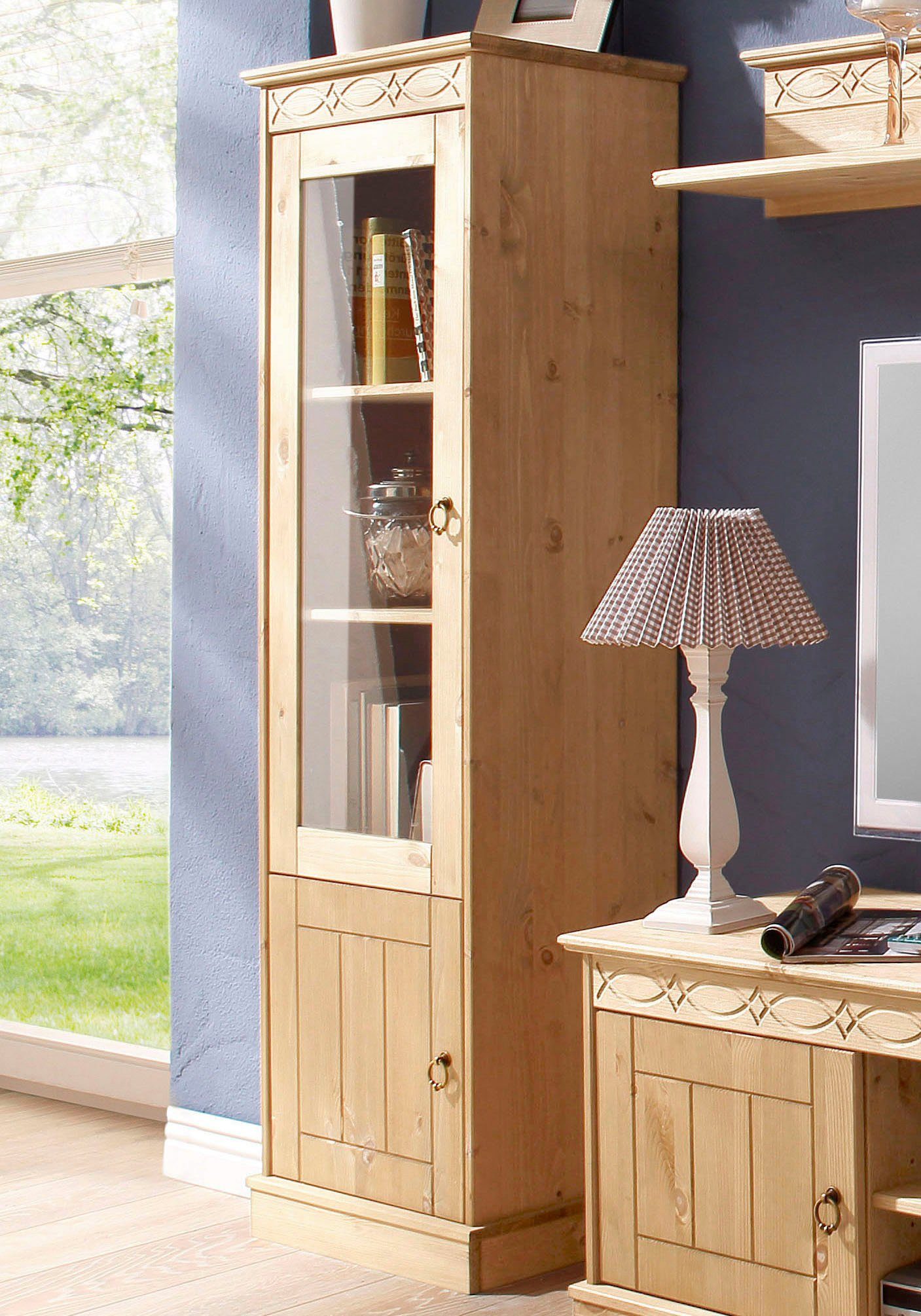 Home affaire Vitrinekast Indra van massief dennenhout, fsc®, 2-delig, hoogte 145 cm, discreet ornament