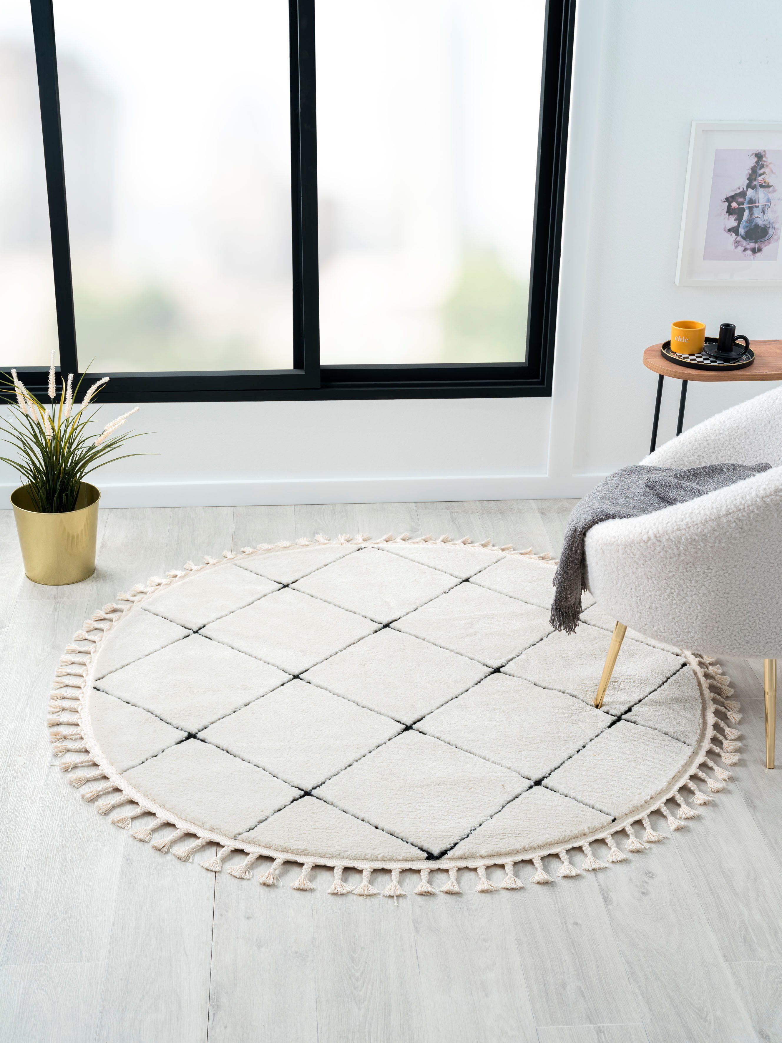 Myflair Möbel & Accessoires Hoogpolig vloerkleed Moroccan Square modern, marokkaans ontwerp, ruitenpatroon, zacht, met franjes moderne vloerkleden