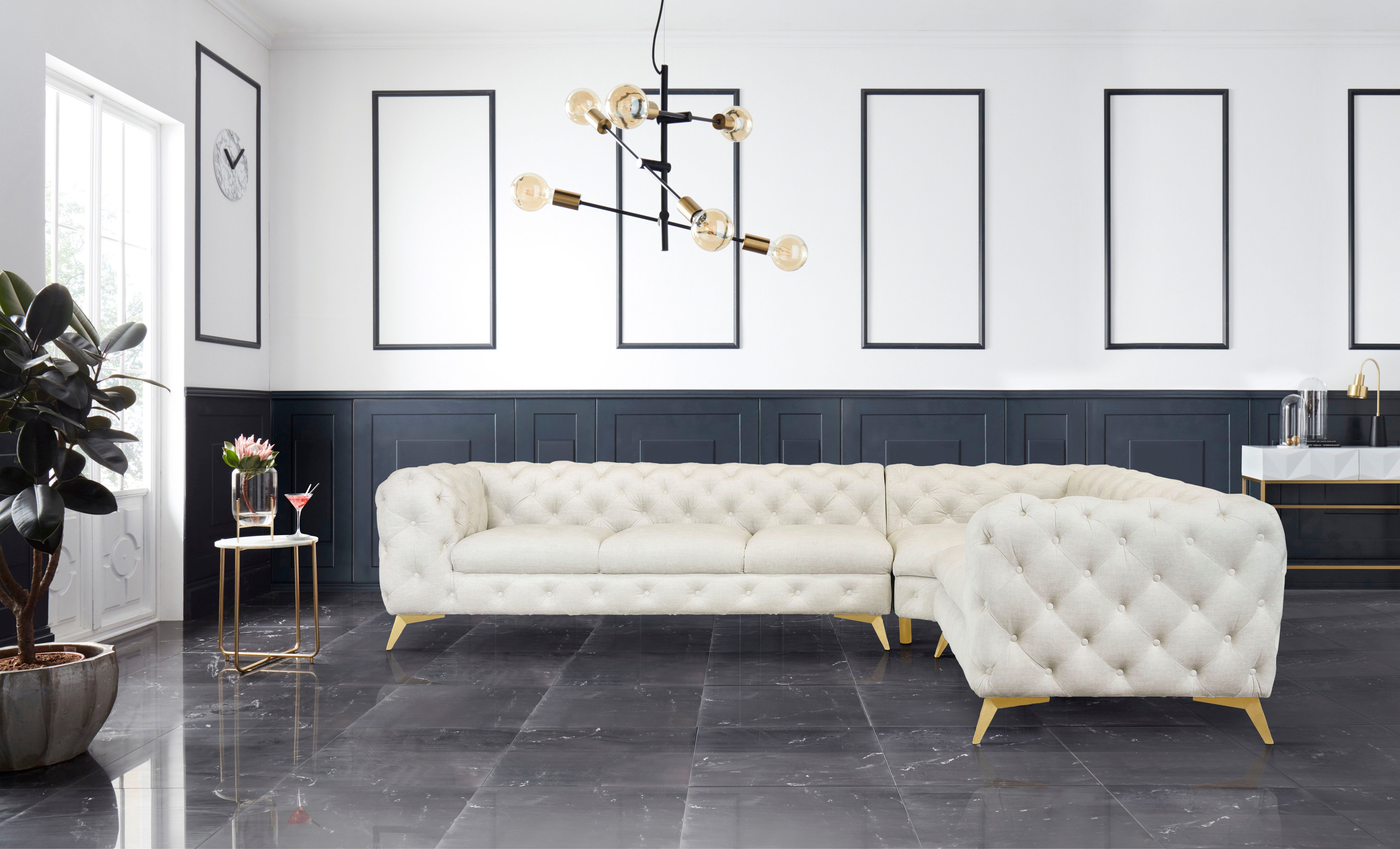 Leonique Chesterfield-bank Glynis L-vorm luxueuze capitonnage, moderne chesterfield look, kleur van de poten ter keuze