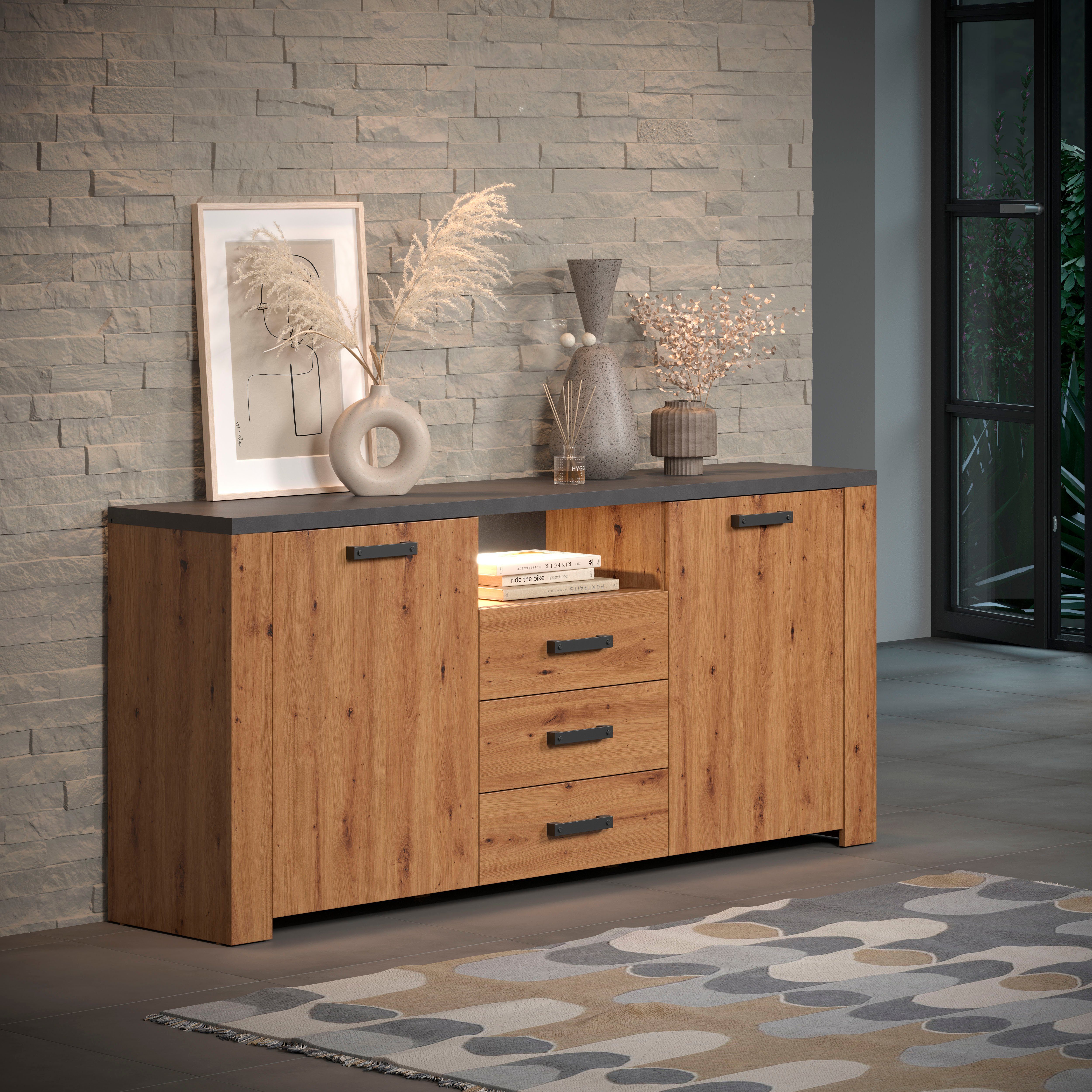 Home affaire Dressoir Ambres Commode in echt houtlook, Afmetingen BxH: 180x83 cm, Eik (1 stuk)