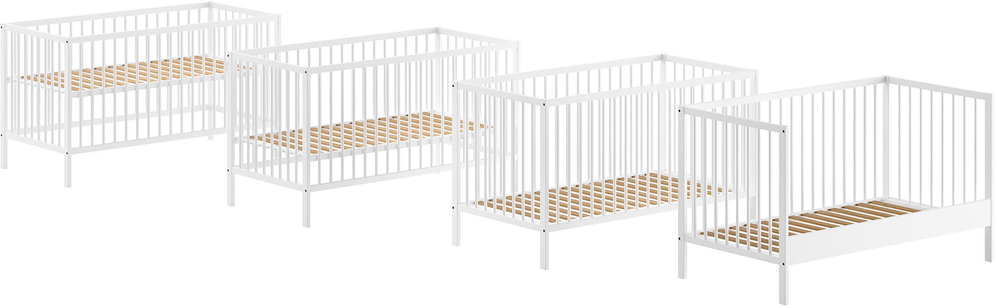 Vipack Ledikantje Dino 70/140 met 3-voudig verstelbare lattenbodem, inclusief 3 instaplatten van massief beukenhout, ombouwbaar tot juniorbed,